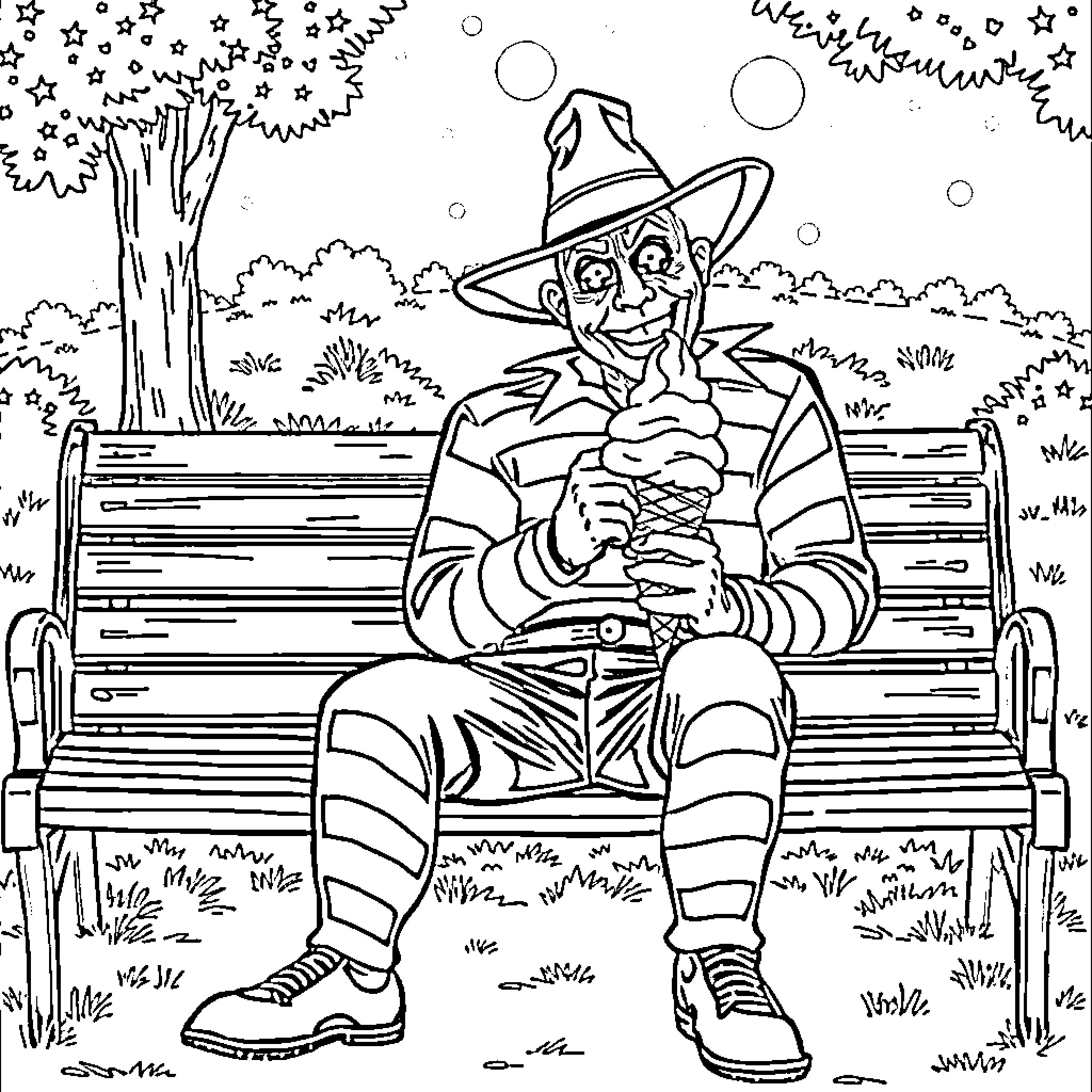 Freddie Krueger relaxing on a bench in a whimsical park Coloring Page (free black-and-white line drawing printable PDF for all, from beginners to advanced learners, including children, teens, adults, and seniors)