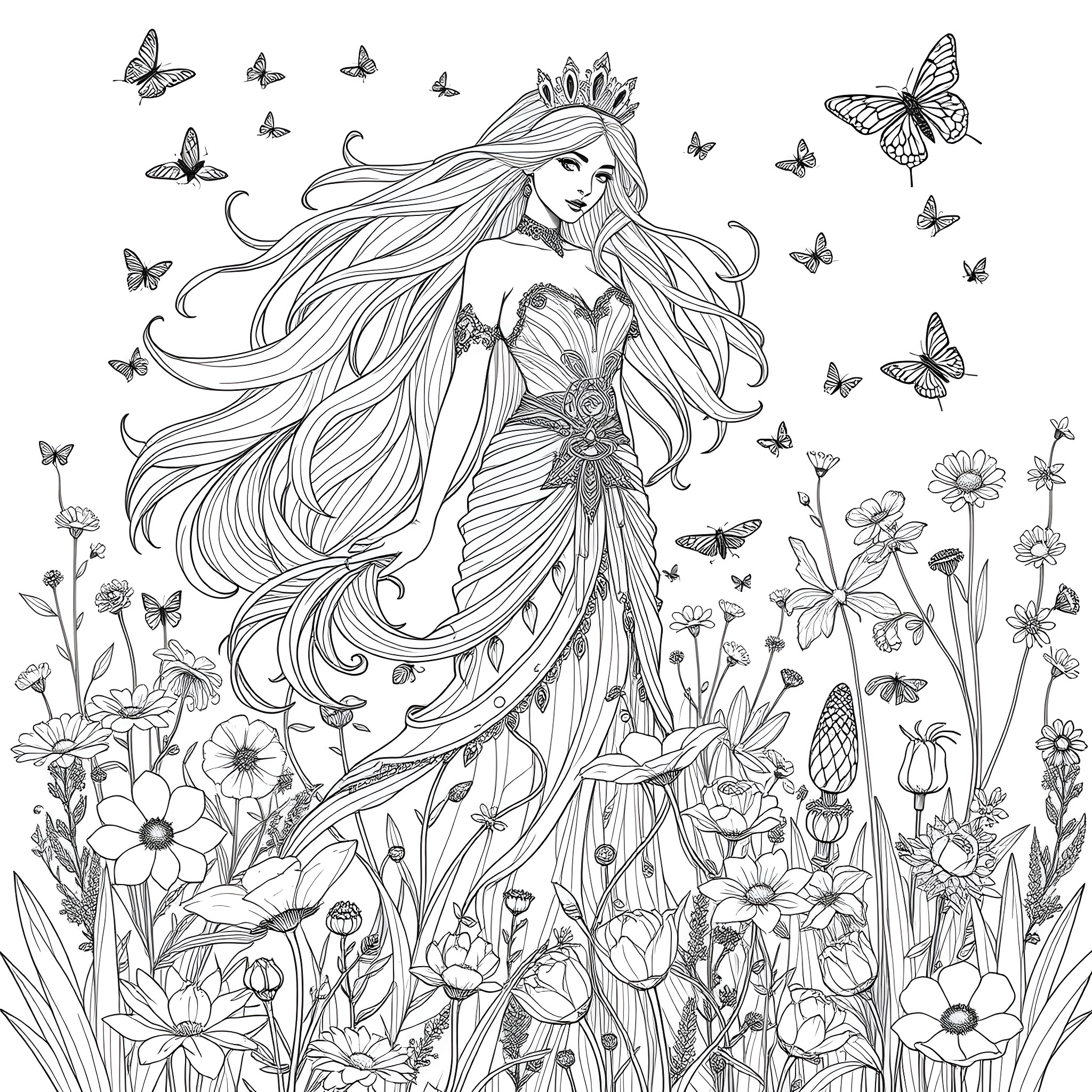 Goddess Amidst Enchanting Floral Splendor Coloring Page (free black-and-white line drawing printable PDF for all, from beginners to advanced learners, including children, teens, adults, and seniors)