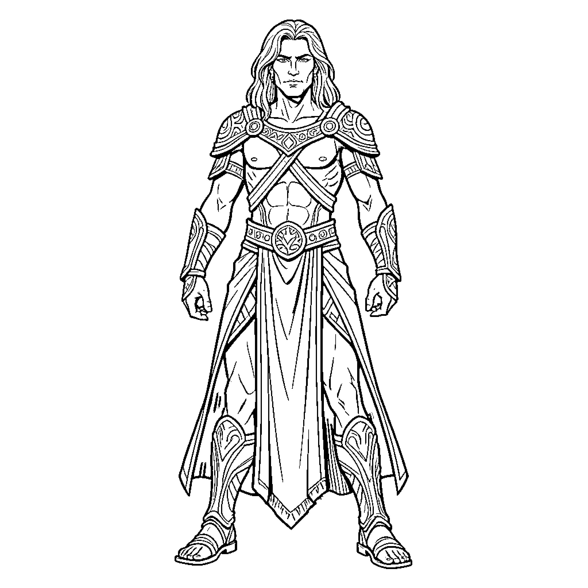 Leto standing heroically in ornate warrior armor Coloring Page (free black-and-white line drawing printable PDF for all, from beginners to advanced learners, including children, teens, adults, and seniors)