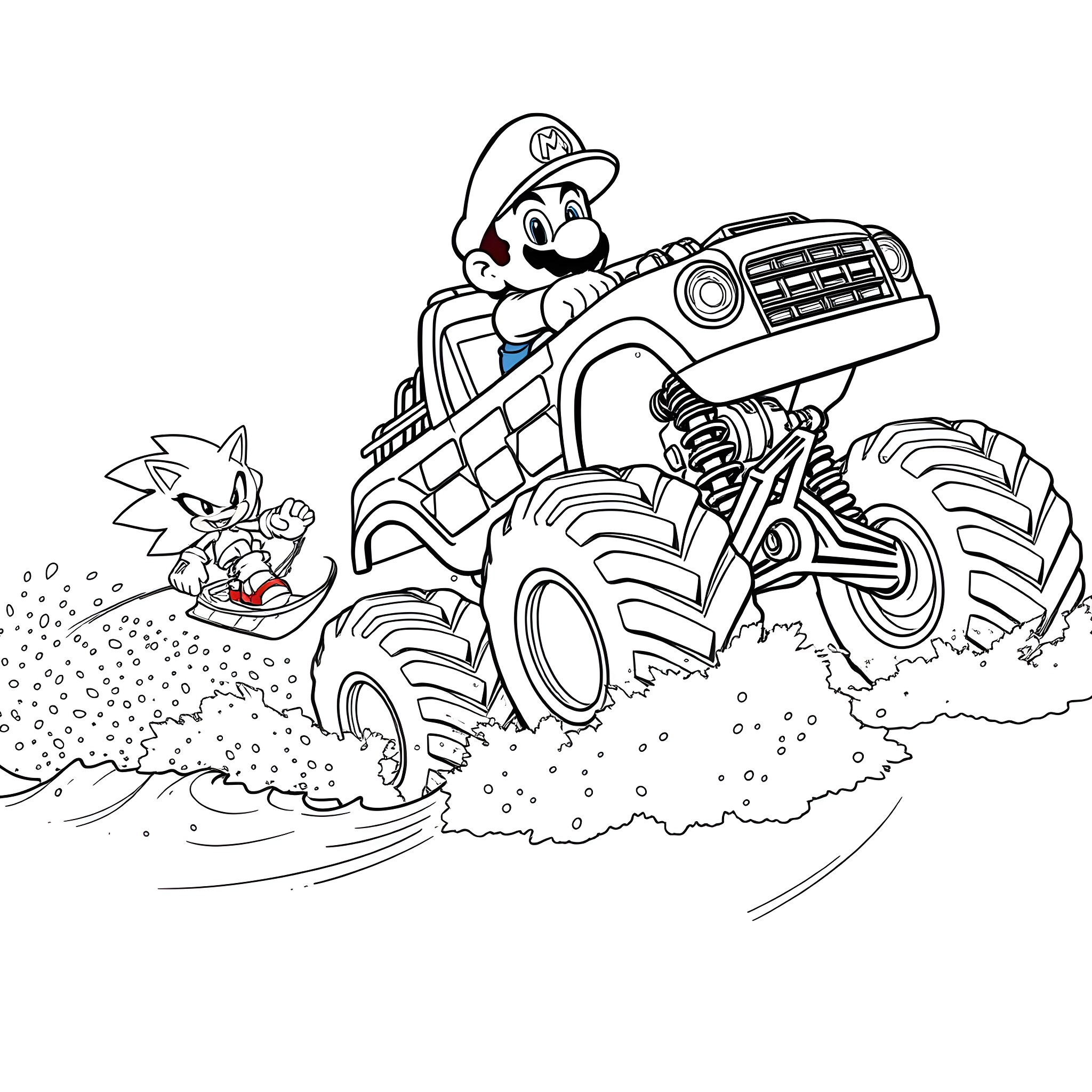 Mario's Monster Truck Adventure Coloring Page (free black-and-white line drawing printable PDF for all, from beginners to advanced learners, including children, teens, adults, and seniors)
