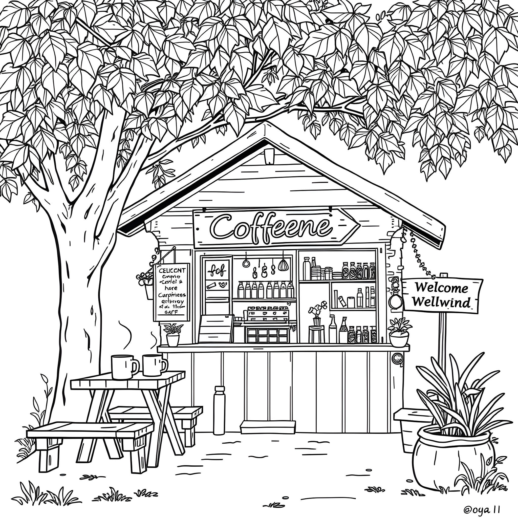 Coffee shop in the park under a large tree Coloring Page (free black-and-white line drawing printable PDF for all, from beginners to advanced learners, including children, teens, adults, and seniors)