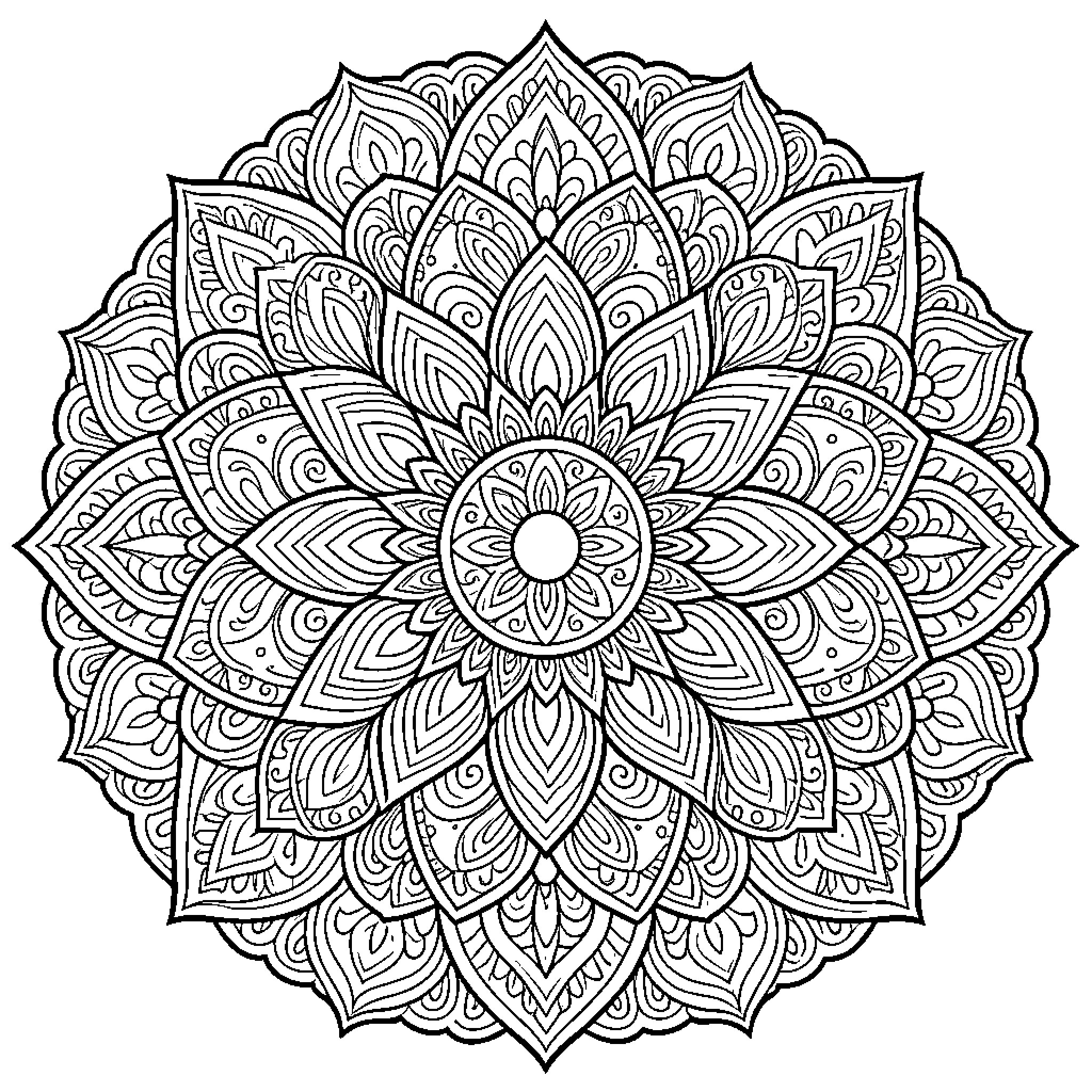 Mandala with Intricate Floral Design Coloring Page (free black-and-white line drawing printable PDF for all, from beginners to advanced learners, including children, teens, adults, and seniors)