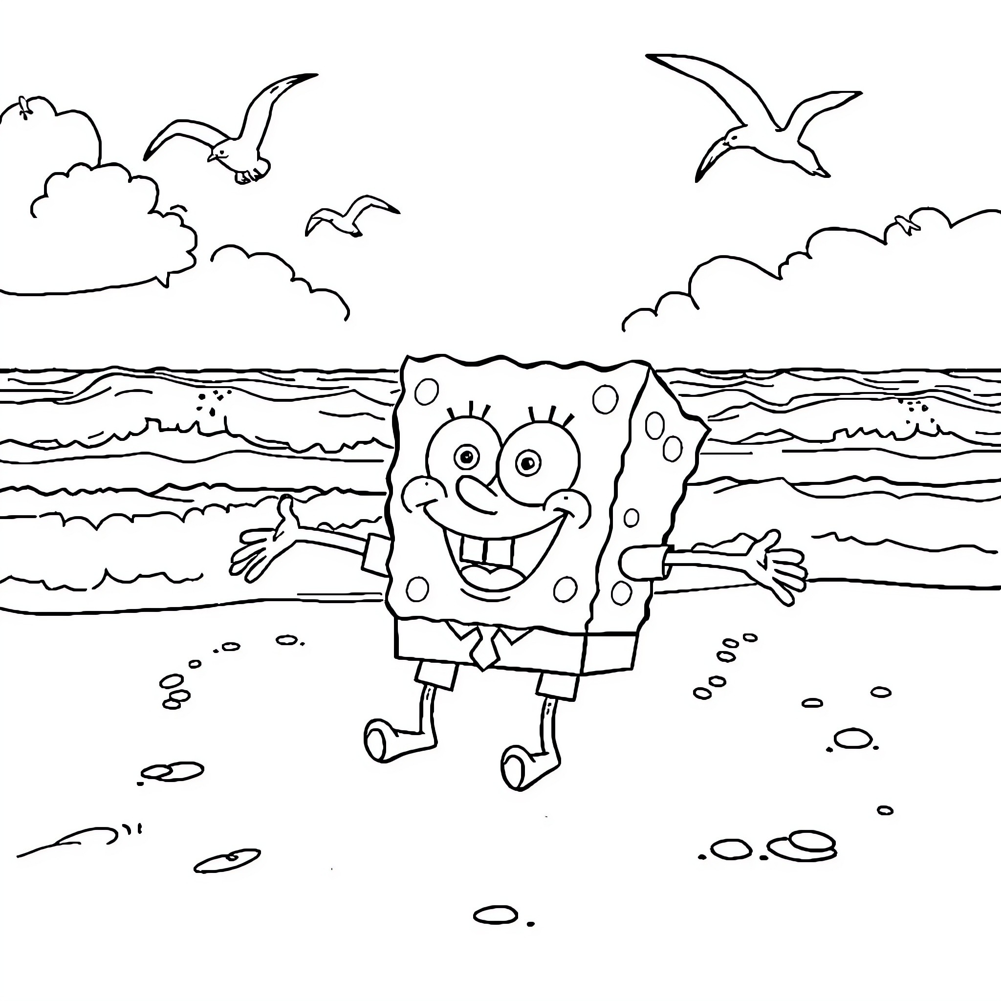 Spongebob happily playing on the beach Coloring Page (free black-and-white line drawing printable PDF for all, from beginners to advanced learners, including children, teens, adults, and seniors)
