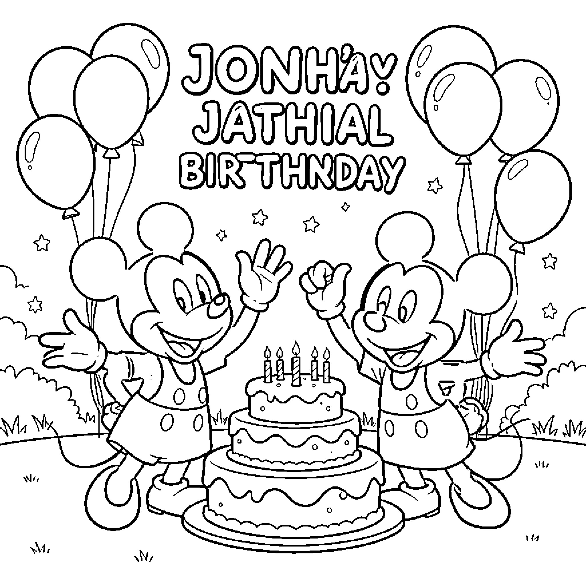Mickey Mouse celebrates Jonhay Jathial's birthday Coloring Page (free black-and-white line drawing printable PDF for all, from beginners to advanced learners, including children, teens, adults, and seniors)