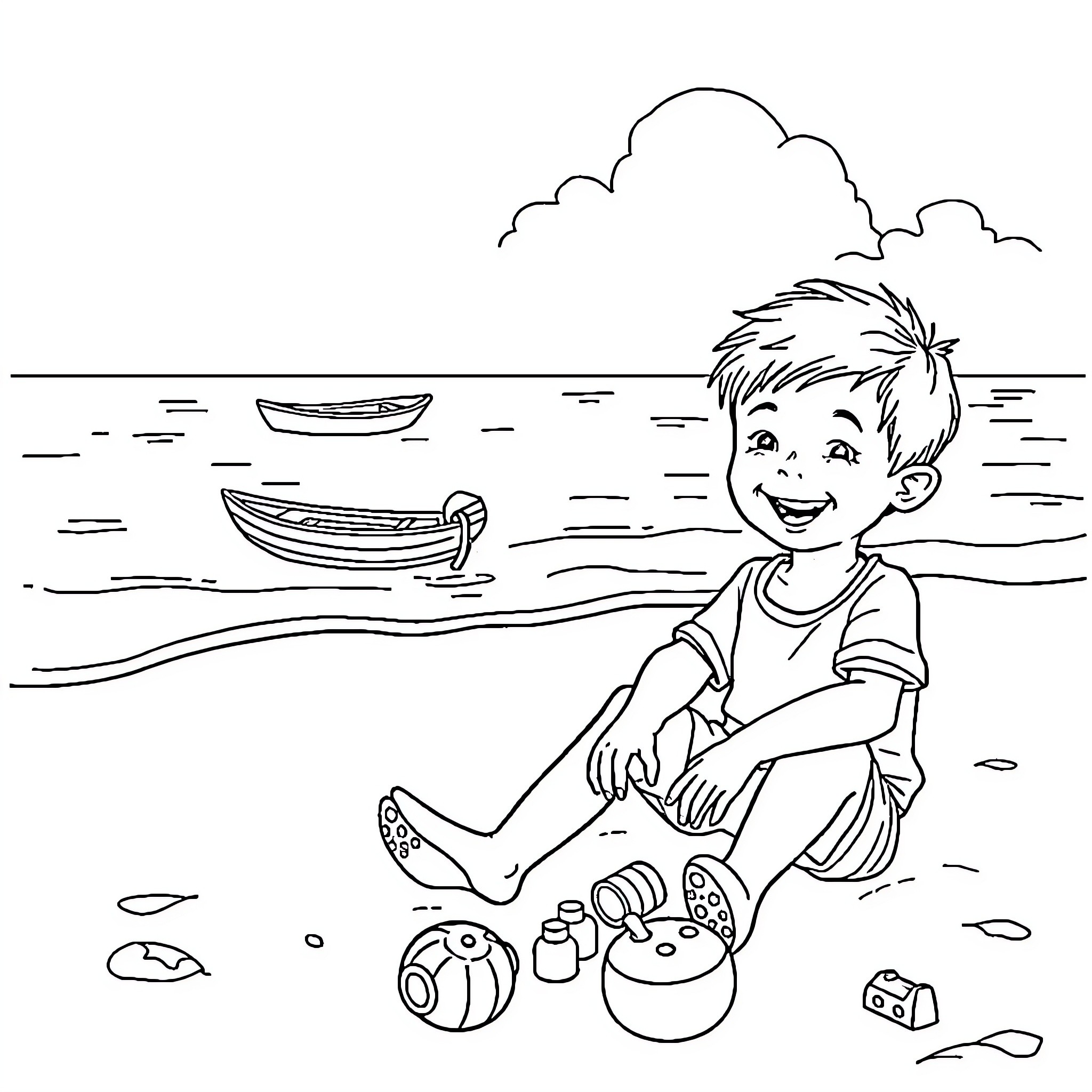 Boy playing happily on the beach with boats Coloring Page (free black-and-white line drawing printable PDF for all, from beginners to advanced learners, including children, teens, adults, and seniors)