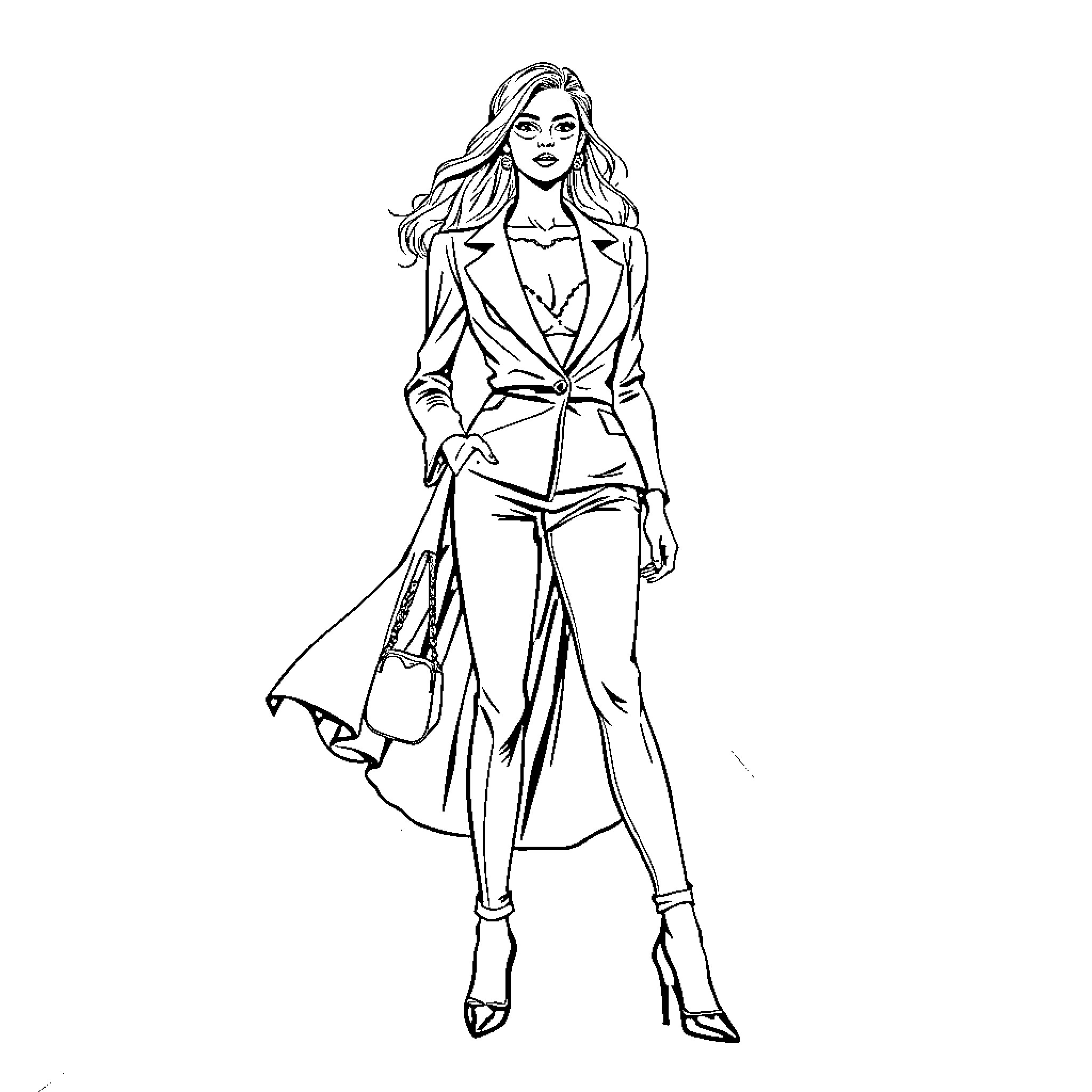 Woman in stylish business attire posing confidently Coloring Page (free black-and-white line drawing printable PDF for all, from beginners to advanced learners, including children, teens, adults, and seniors)