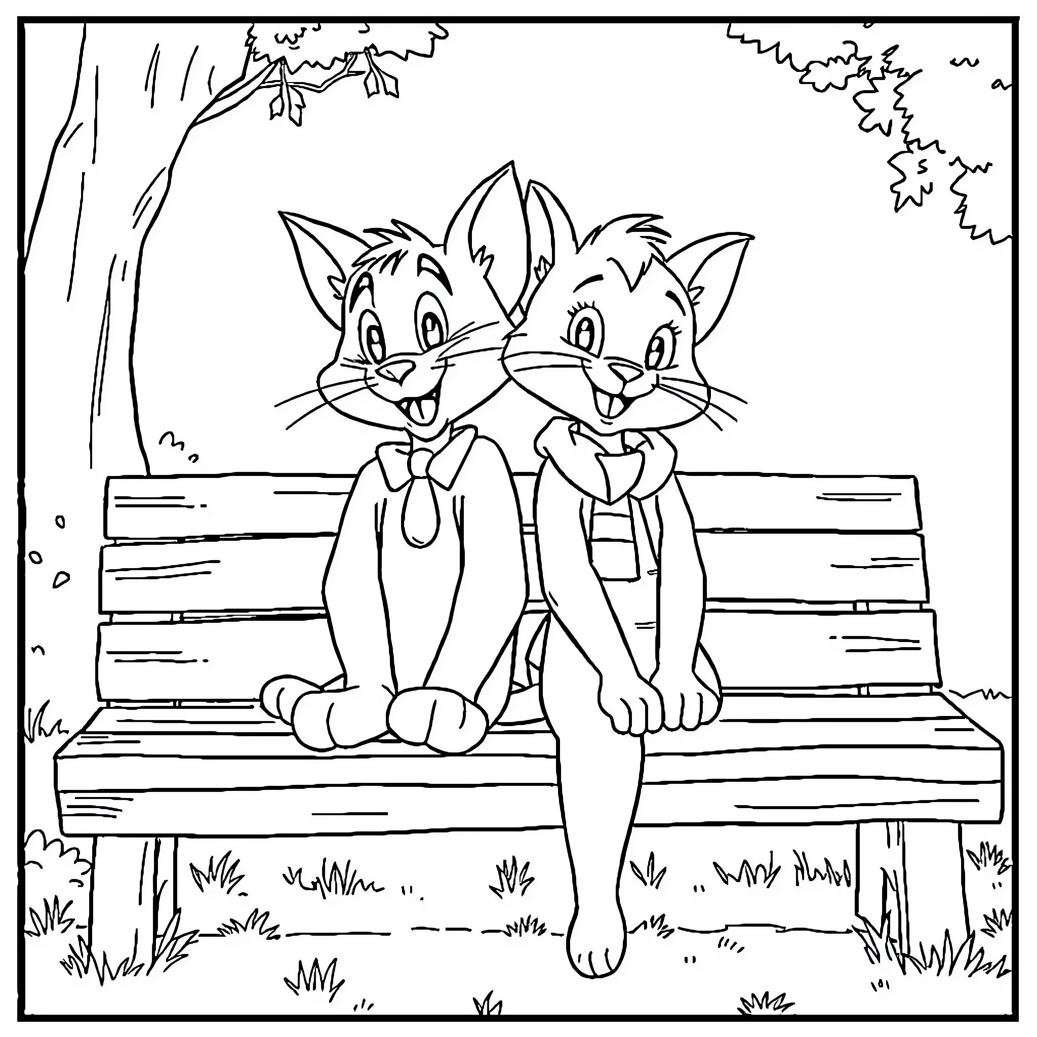 Tom and Jerry's Friendly Encounter on the Bench Coloring Page (free black-and-white line drawing printable PDF for all, from beginners to advanced learners, including children, teens, adults, and seniors)