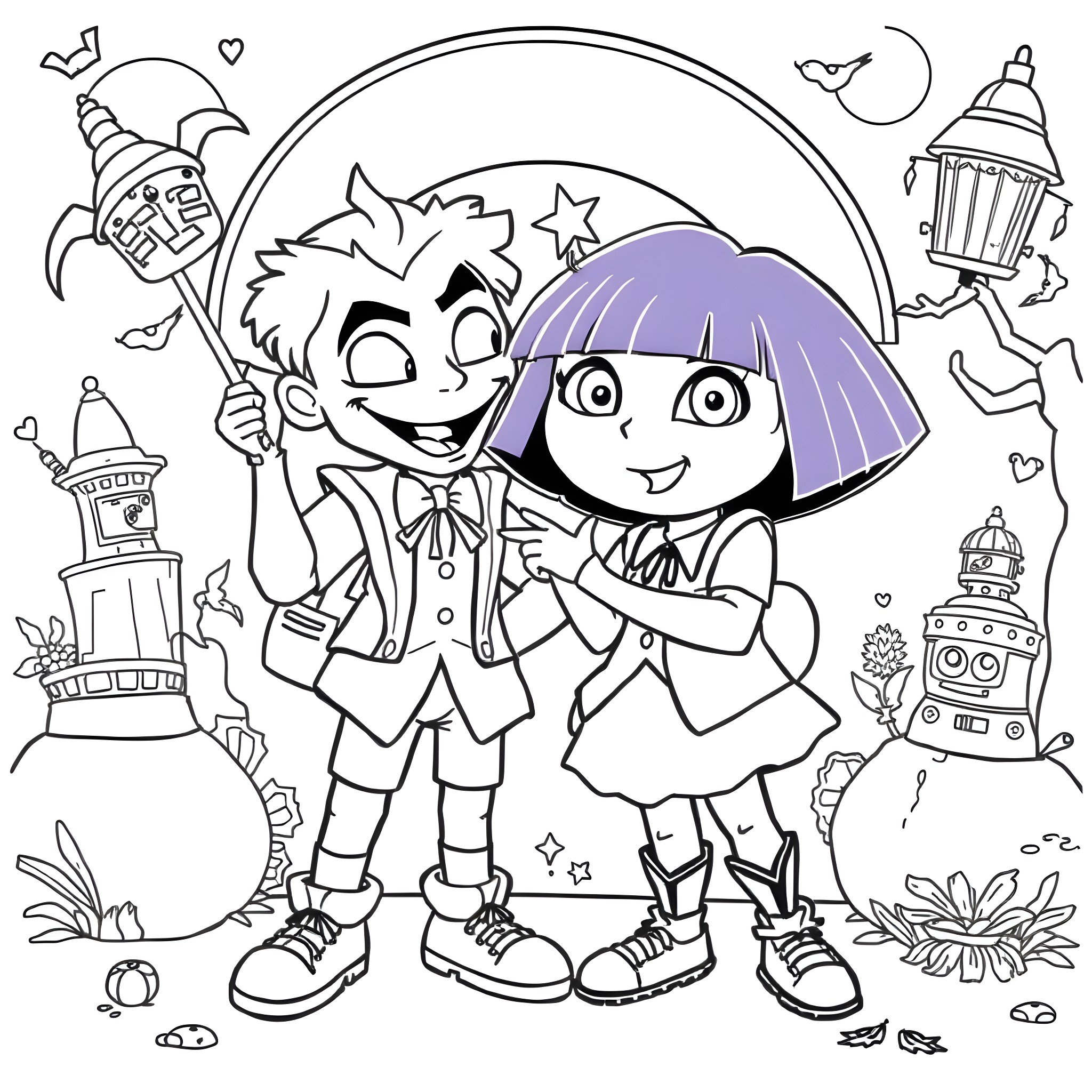 Dora and Diego's Fun Adventure Coloring Page (free black-and-white line drawing printable PDF for all, from beginners to advanced learners, including children, teens, adults, and seniors)