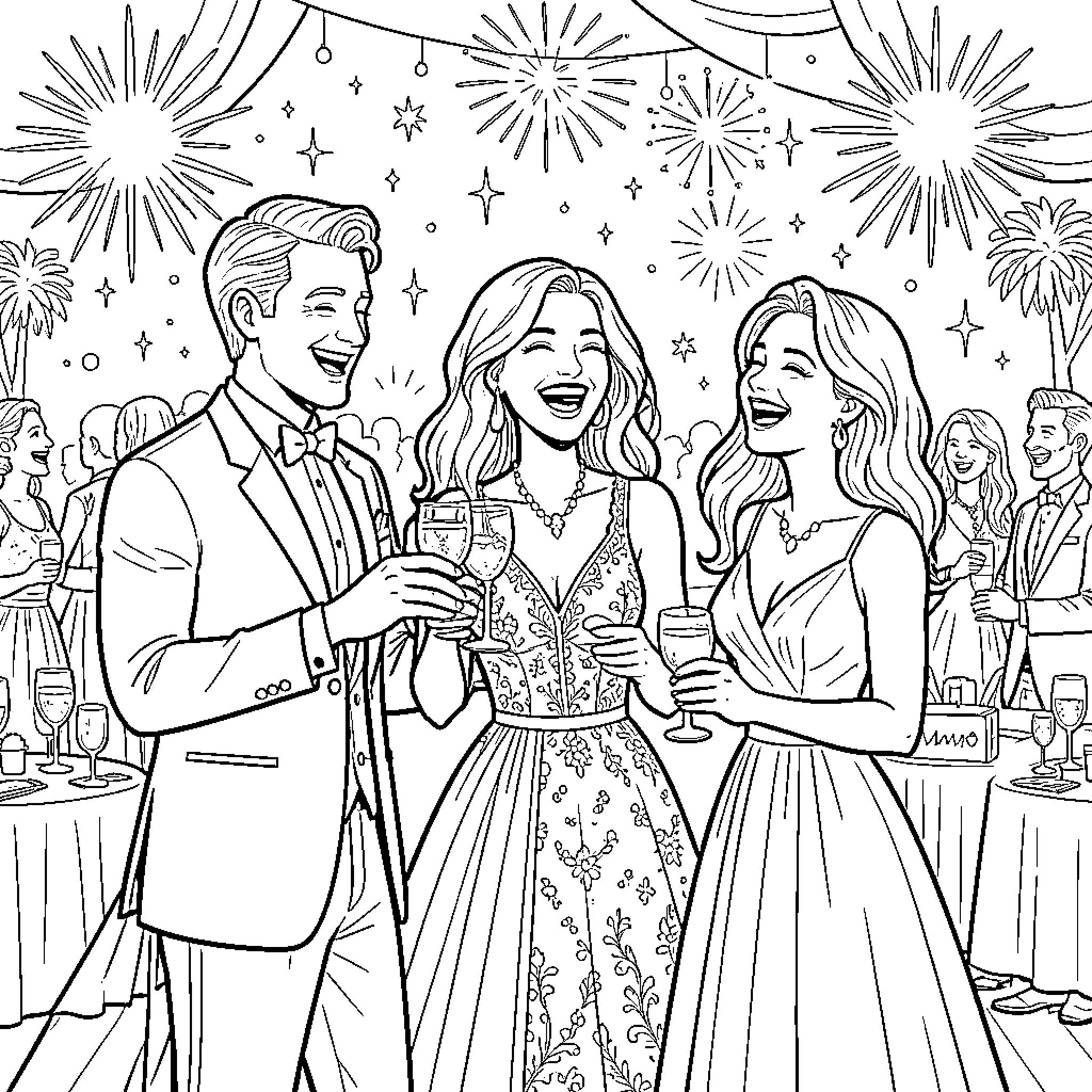 Couple Celebrating New Year's Eve at a Party Coloring Page (free black-and-white line drawing printable PDF for all, from beginners to advanced learners, including children, teens, adults, and seniors)