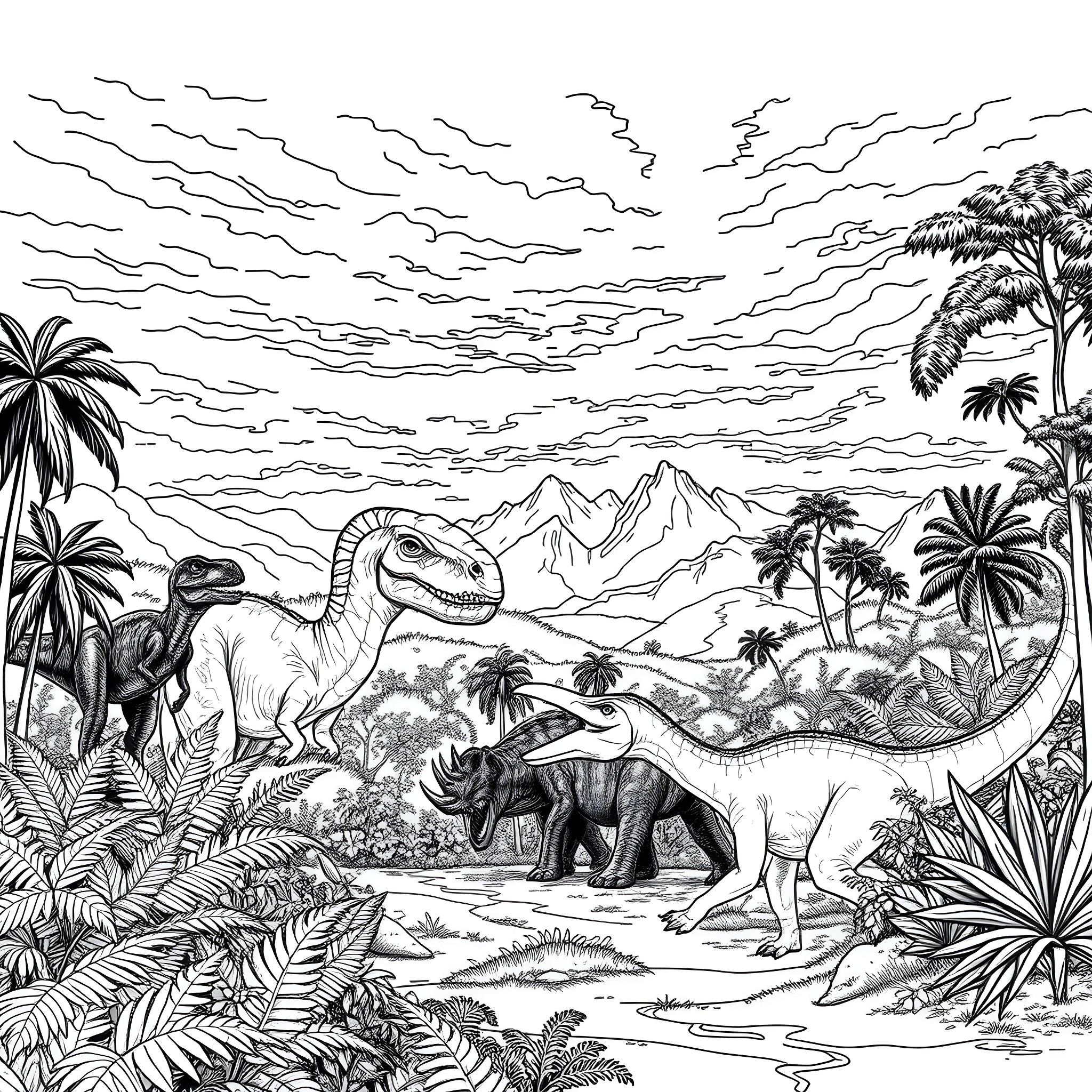 Dinosaurs in prehistoric landscape with mountains Coloring Page (free black-and-white line drawing printable PDF for all, from beginners to advanced learners, including children, teens, adults, and seniors)