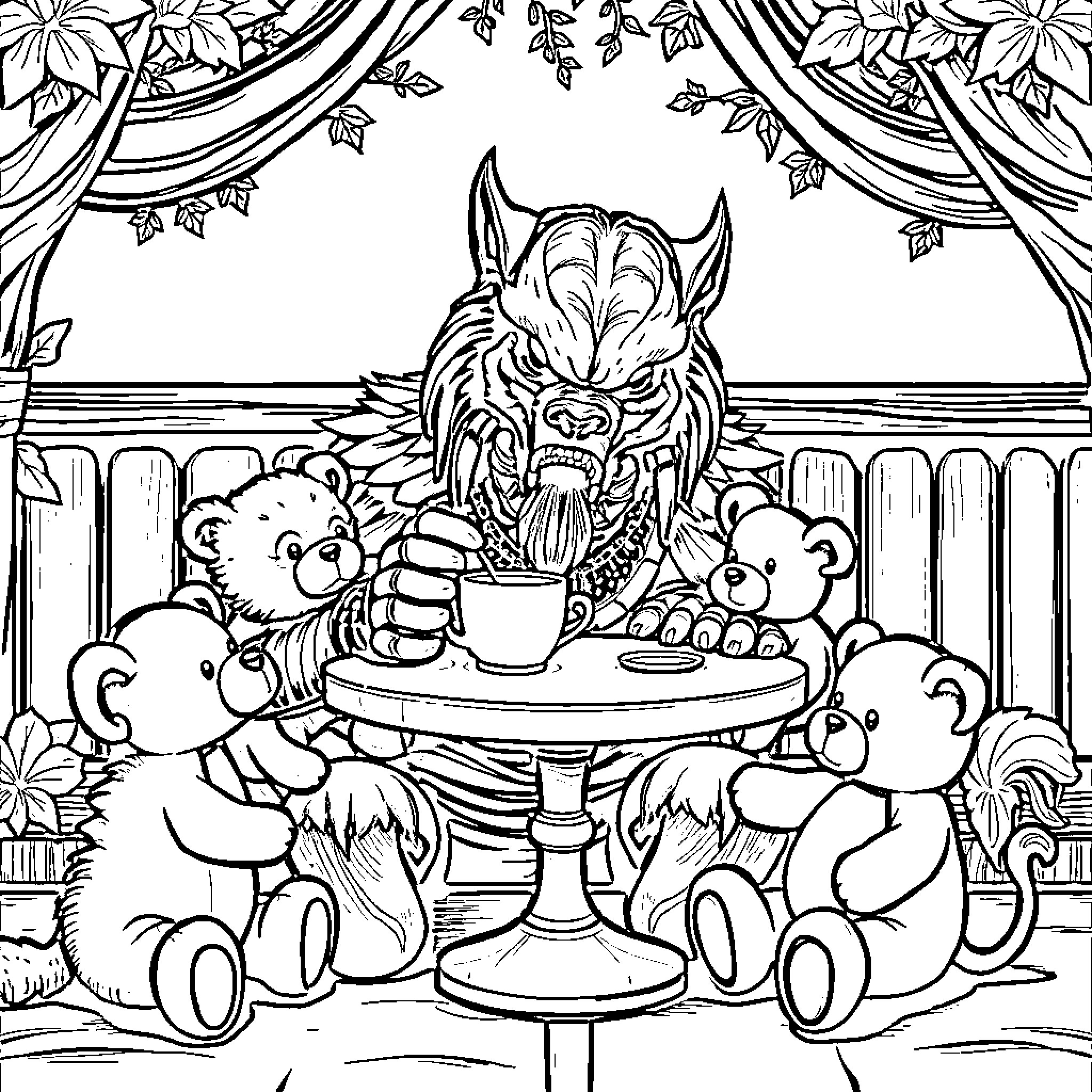 Predator Monsters Enjoying Tea Party with Teddy Bears Coloring Page (free black-and-white line drawing printable PDF for all, from beginners to advanced learners, including children, teens, adults, and seniors)