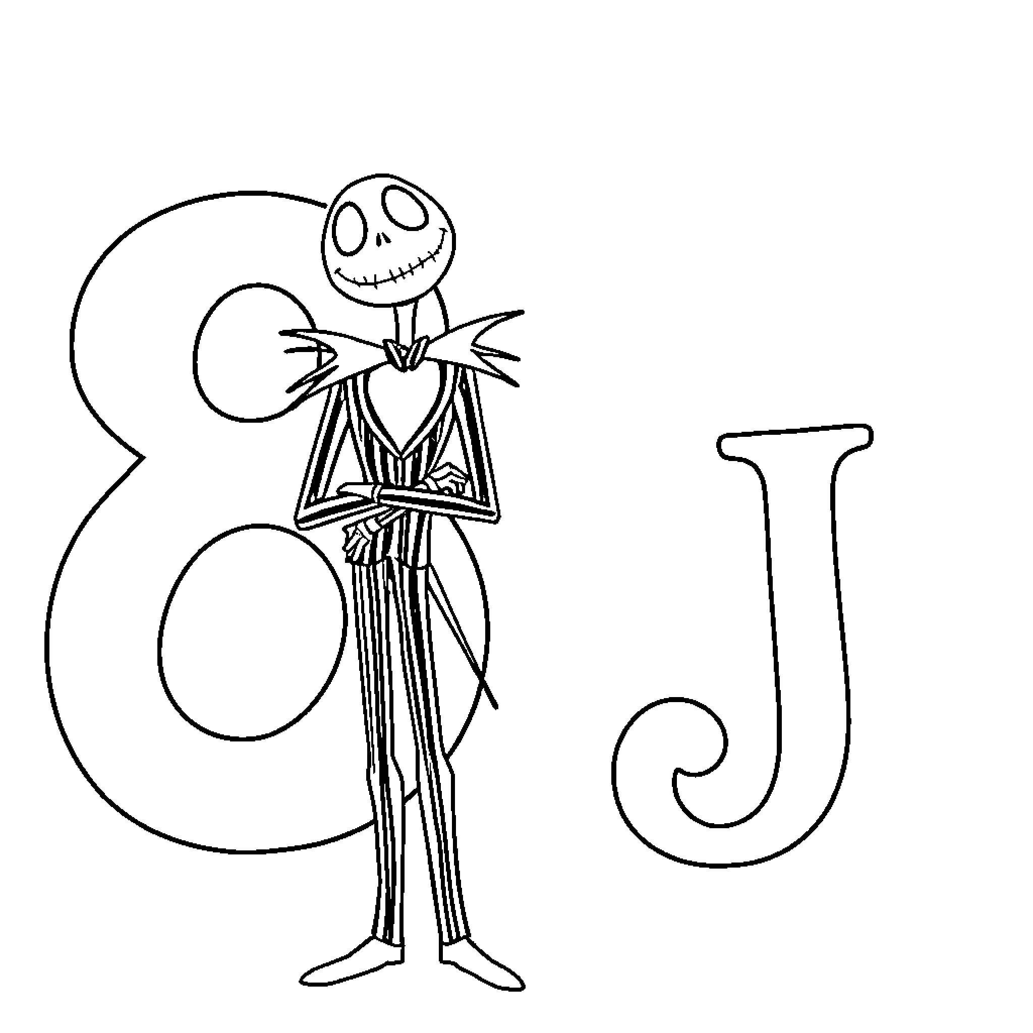 Jack Skellington standing in front of a large letter J Coloring Page (free black-and-white line drawing printable PDF for all, from beginners to advanced learners, including children, teens, adults, and seniors)