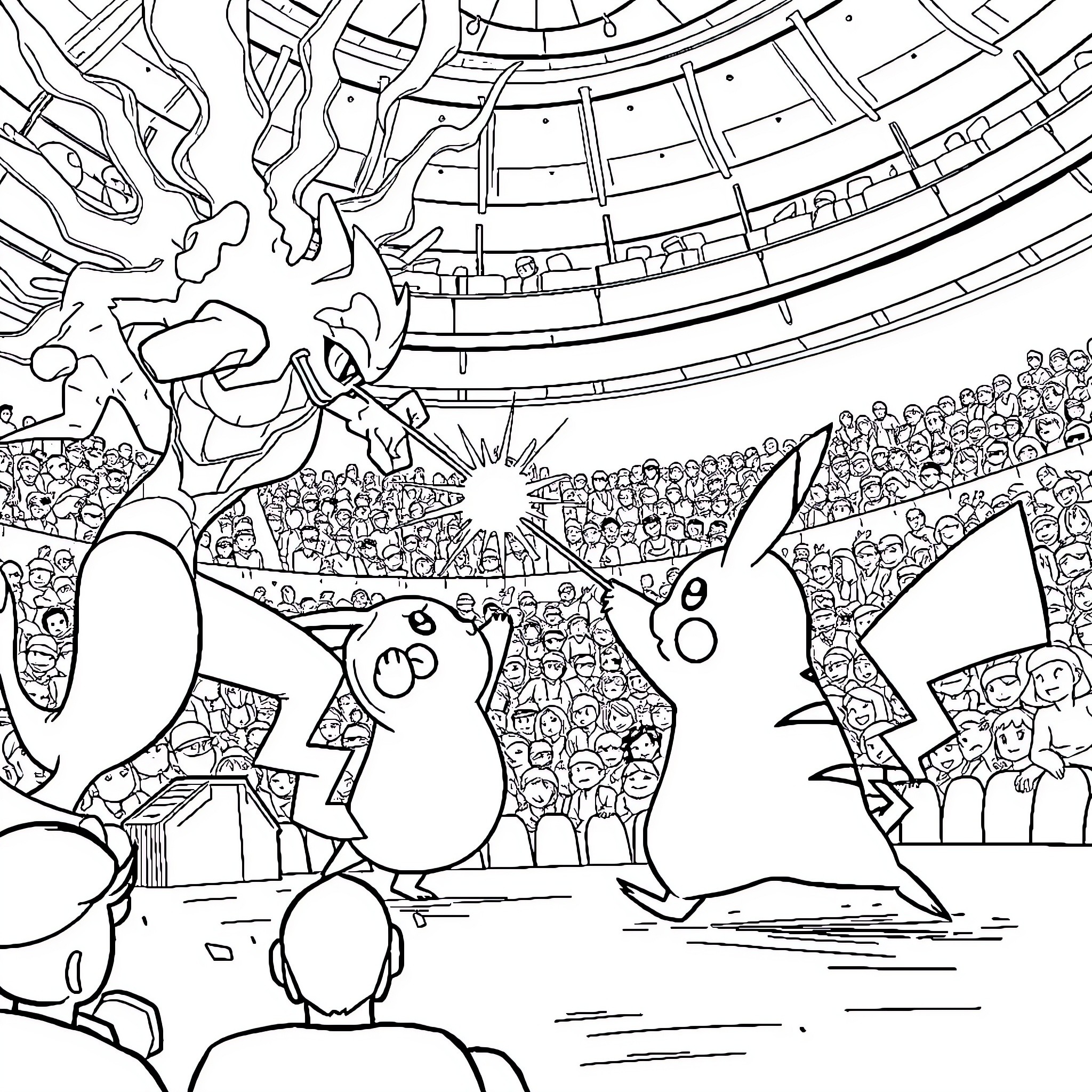 Pikachu performing in a crowded stadium Coloring Page (free black-and-white line drawing printable PDF for all, from beginners to advanced learners, including children, teens, adults, and seniors)