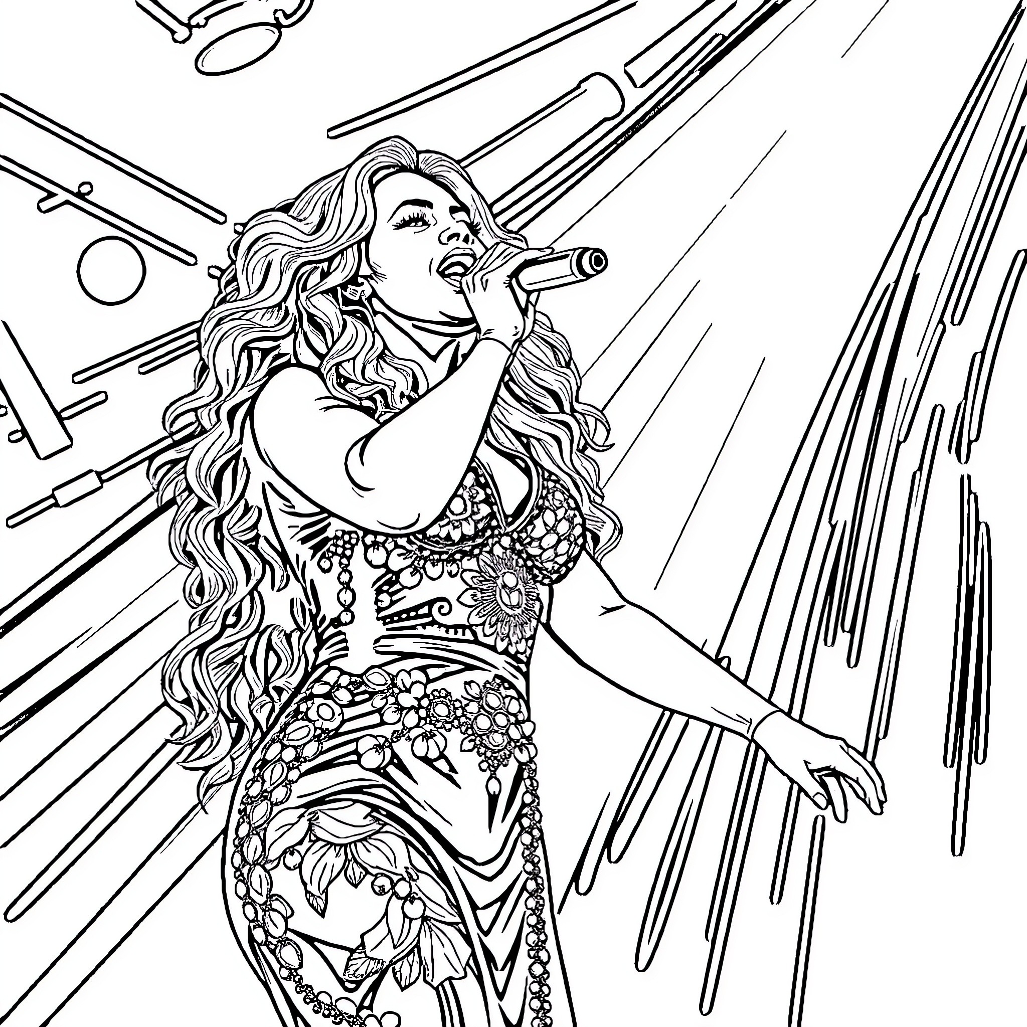 Beyonce performing on stage with elaborate outfit Coloring Page (free black-and-white line drawing printable PDF for all, from beginners to advanced learners, including children, teens, adults, and seniors)