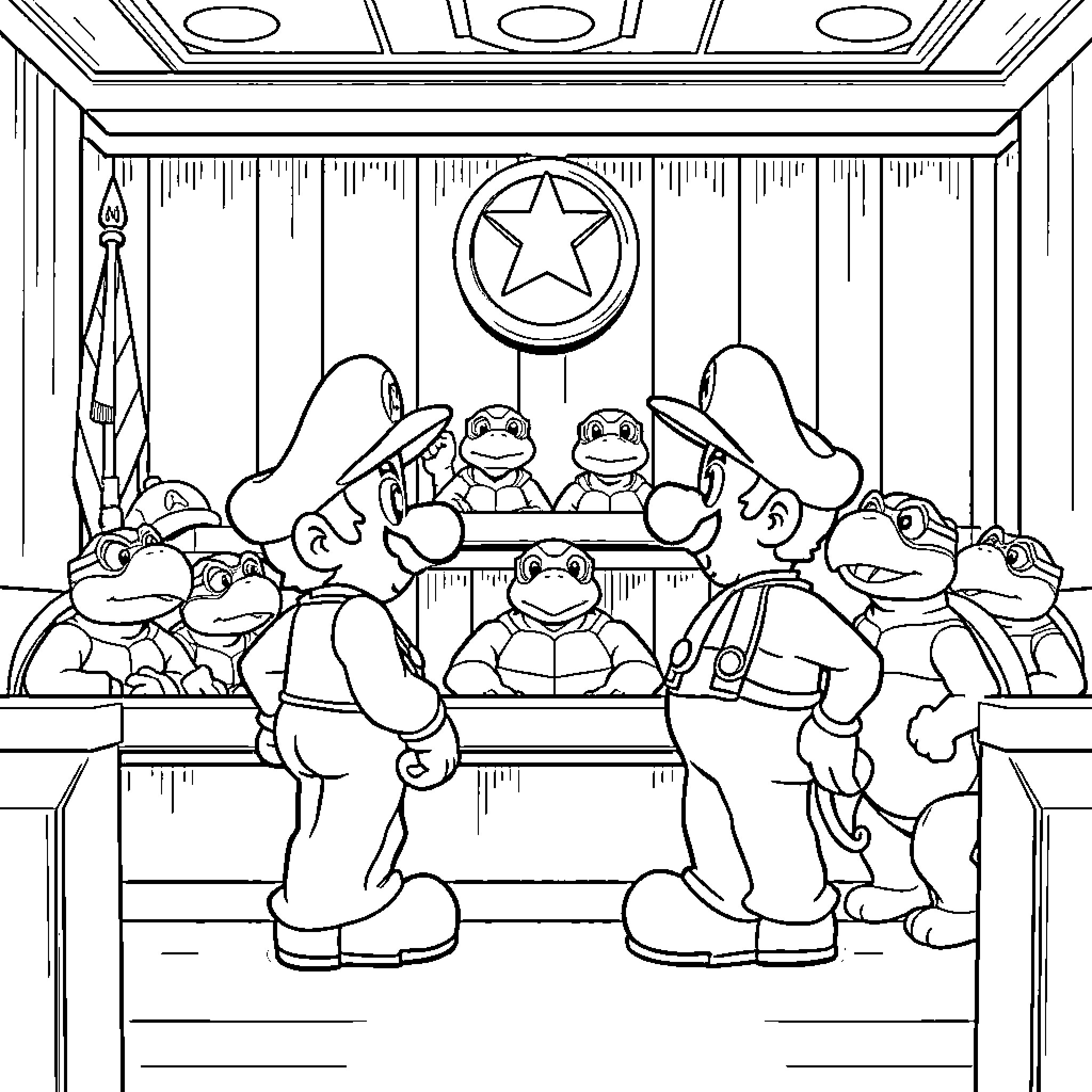 Mario and Friends Entertaining at a Stage Show Coloring Page (free black-and-white line drawing printable PDF for all, from beginners to advanced learners, including children, teens, adults, and seniors)