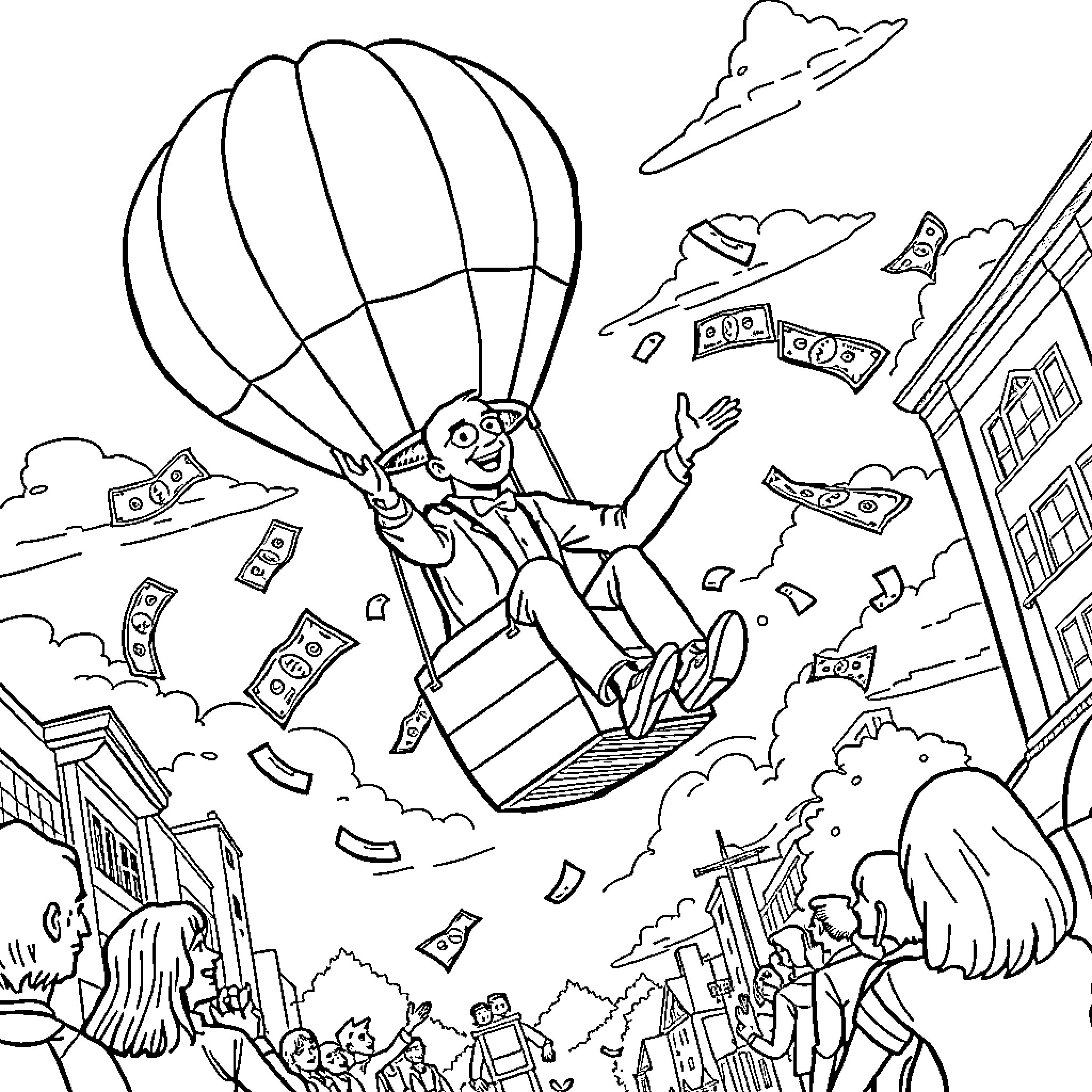 Jeff Bezos soaring through the sky in a hot air balloon Coloring Page (free black-and-white line drawing printable PDF for all, from beginners to advanced learners, including children, teens, adults, and seniors)