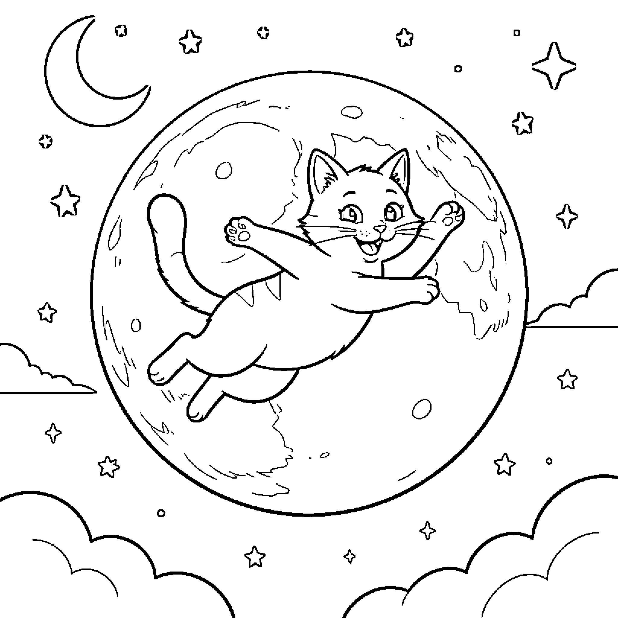 Cat playing joyfully in the night sky Coloring Page (free black-and-white line drawing printable PDF for all, from beginners to advanced learners, including children, teens, adults, and seniors)