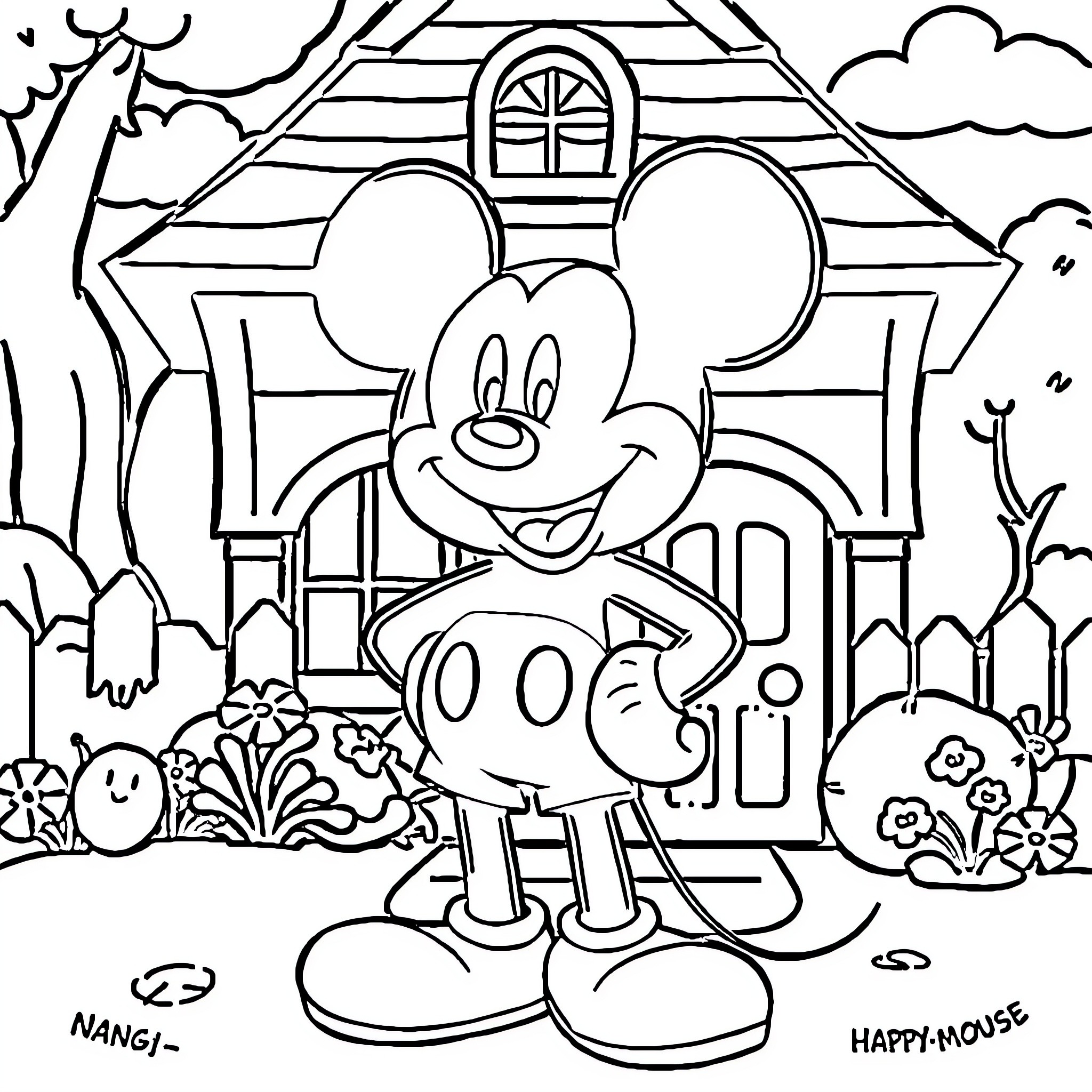 Mickey Mouse exploring a whimsical fairy tale landscape Coloring Page (free black-and-white line drawing printable PDF for all, from beginners to advanced learners, including children, teens, adults, and seniors)