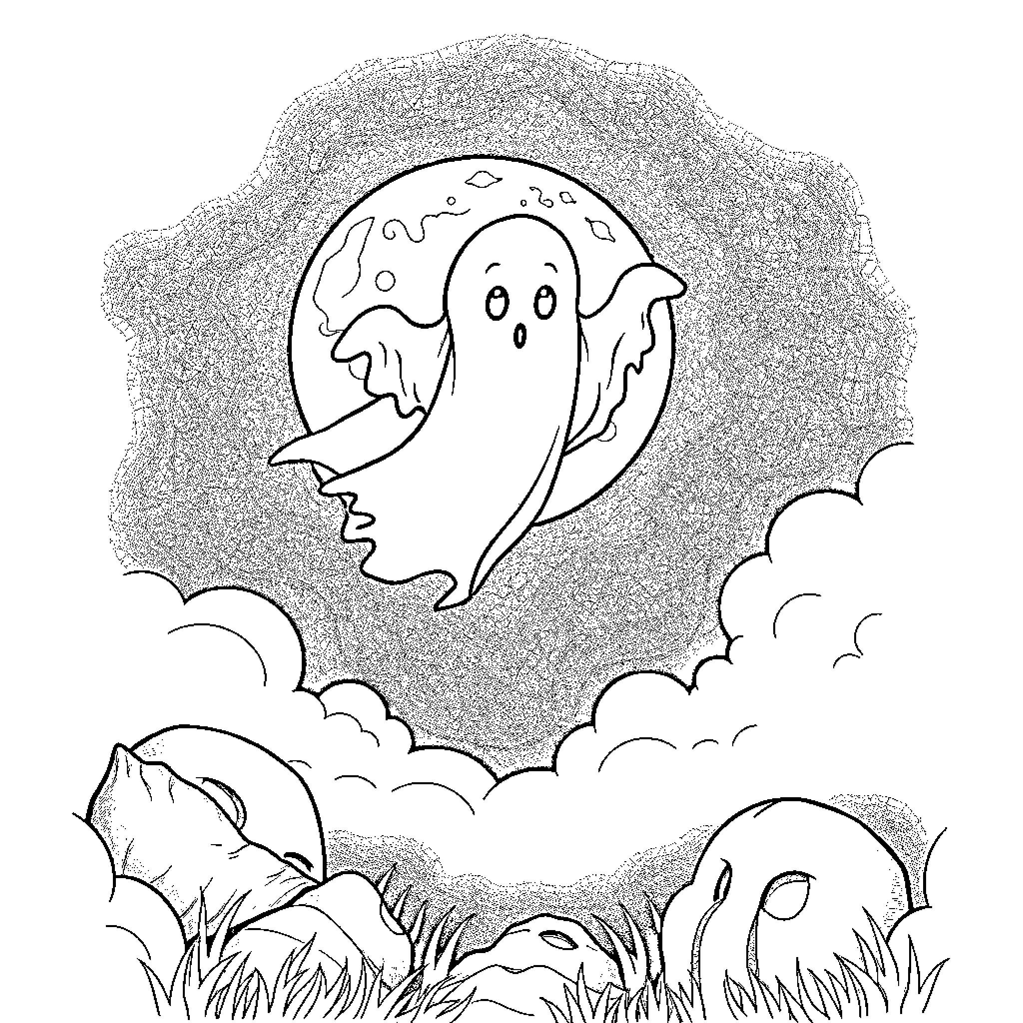 Ghost appears in the night sky with clouds Coloring Page (free black-and-white line drawing printable PDF for all, from beginners to advanced learners, including children, teens, adults, and seniors)