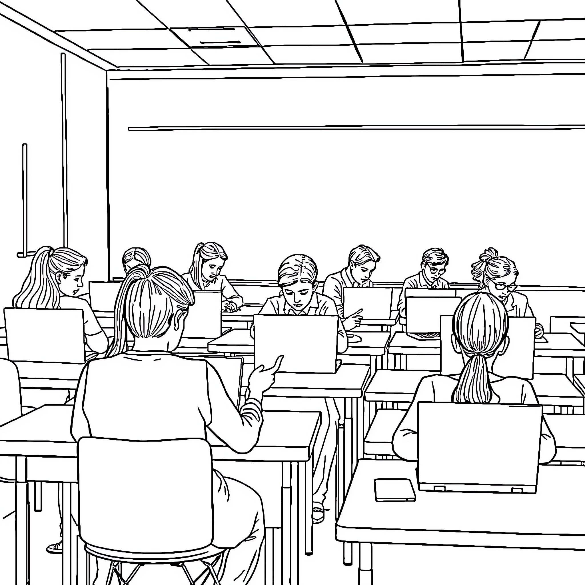 Students Studying Diligently in Classroom Coloring Page (free black-and-white line drawing printable PDF for all, from beginners to advanced learners, including children, teens, adults, and seniors)