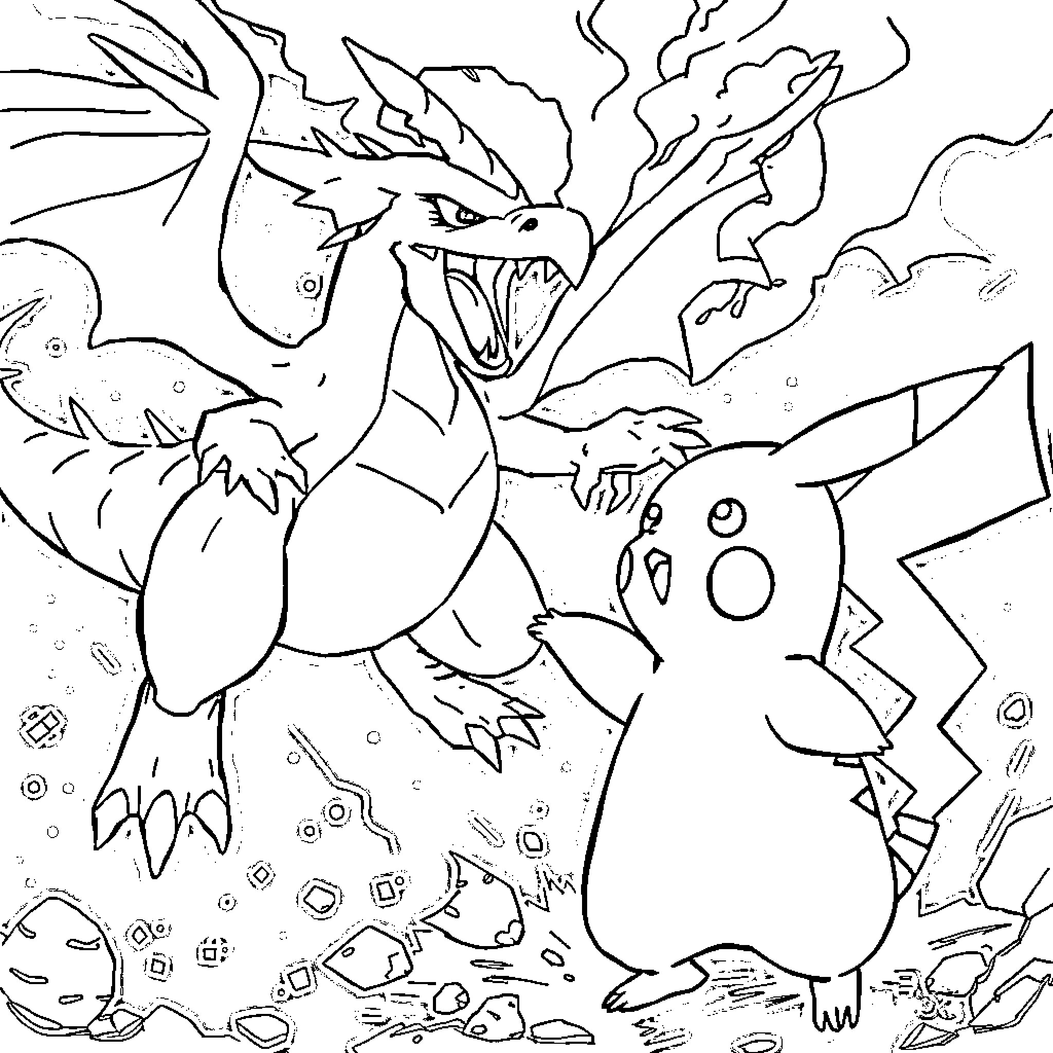Pikachu confronted by a ferocious dragon Coloring Page (free black-and-white line drawing printable PDF for all, from beginners to advanced learners, including children, teens, adults, and seniors)