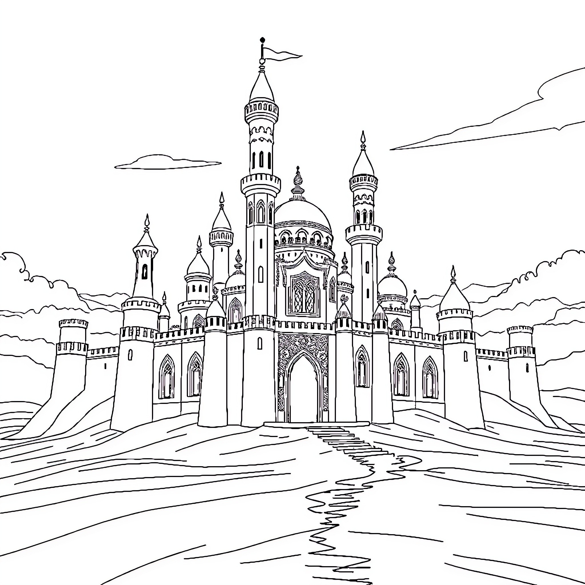 Castle with Intricate Architectural Details Coloring Page (free black-and-white line drawing printable PDF for all, from beginners to advanced learners, including children, teens, adults, and seniors)