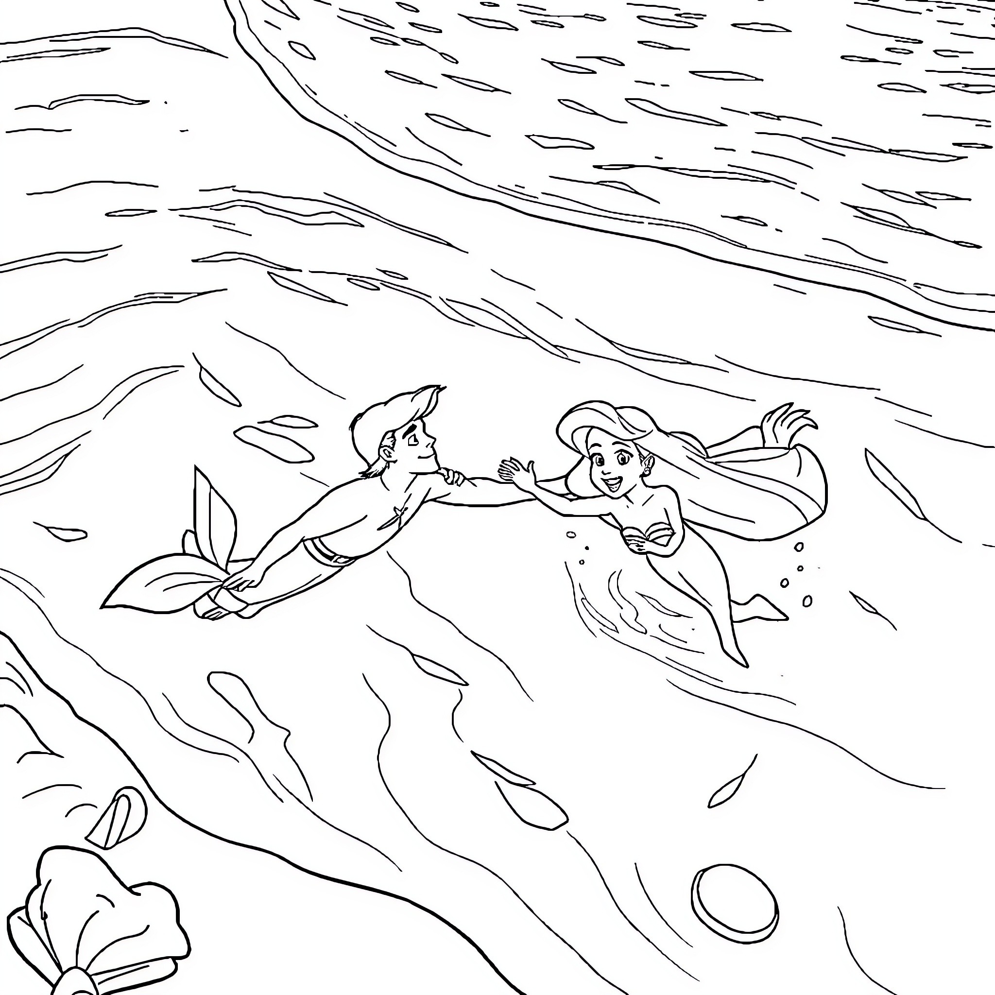 Ariel and Eric exploring the underwater world Coloring Page (free black-and-white line drawing printable PDF for all, from beginners to advanced learners, including children, teens, adults, and seniors)