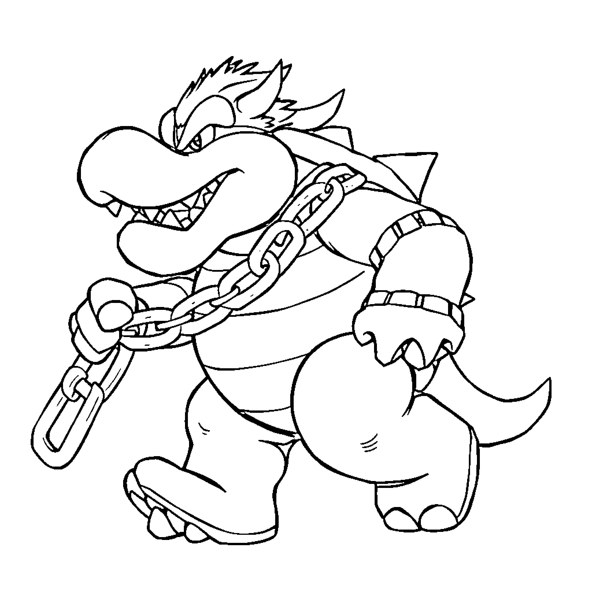 Bowser in battle-ready pose with spiked shell Coloring Page (free black-and-white line drawing printable PDF for all, from beginners to advanced learners, including children, teens, adults, and seniors)