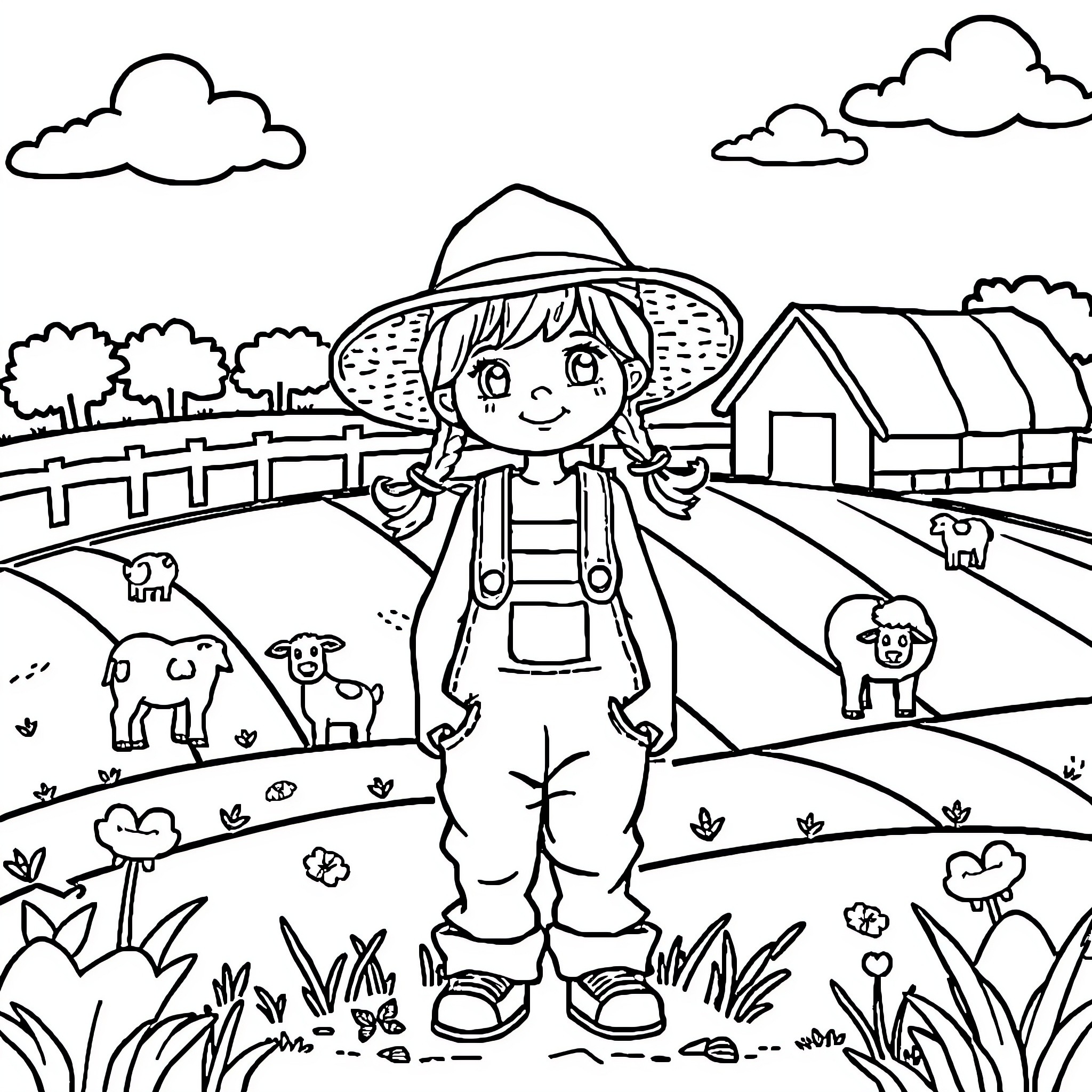 Girl in overalls exploring the countryside Coloring Page (free black-and-white line drawing printable PDF for all, from beginners to advanced learners, including children, teens, adults, and seniors)