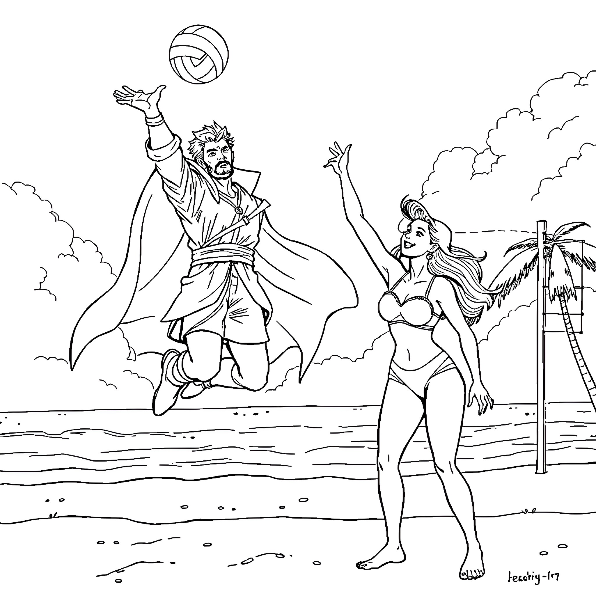 Dr. Strange engaging in beach volleyball with a female companion Coloring Page (free black-and-white line drawing printable PDF for all, from beginners to advanced learners, including children, teens, adults, and seniors)