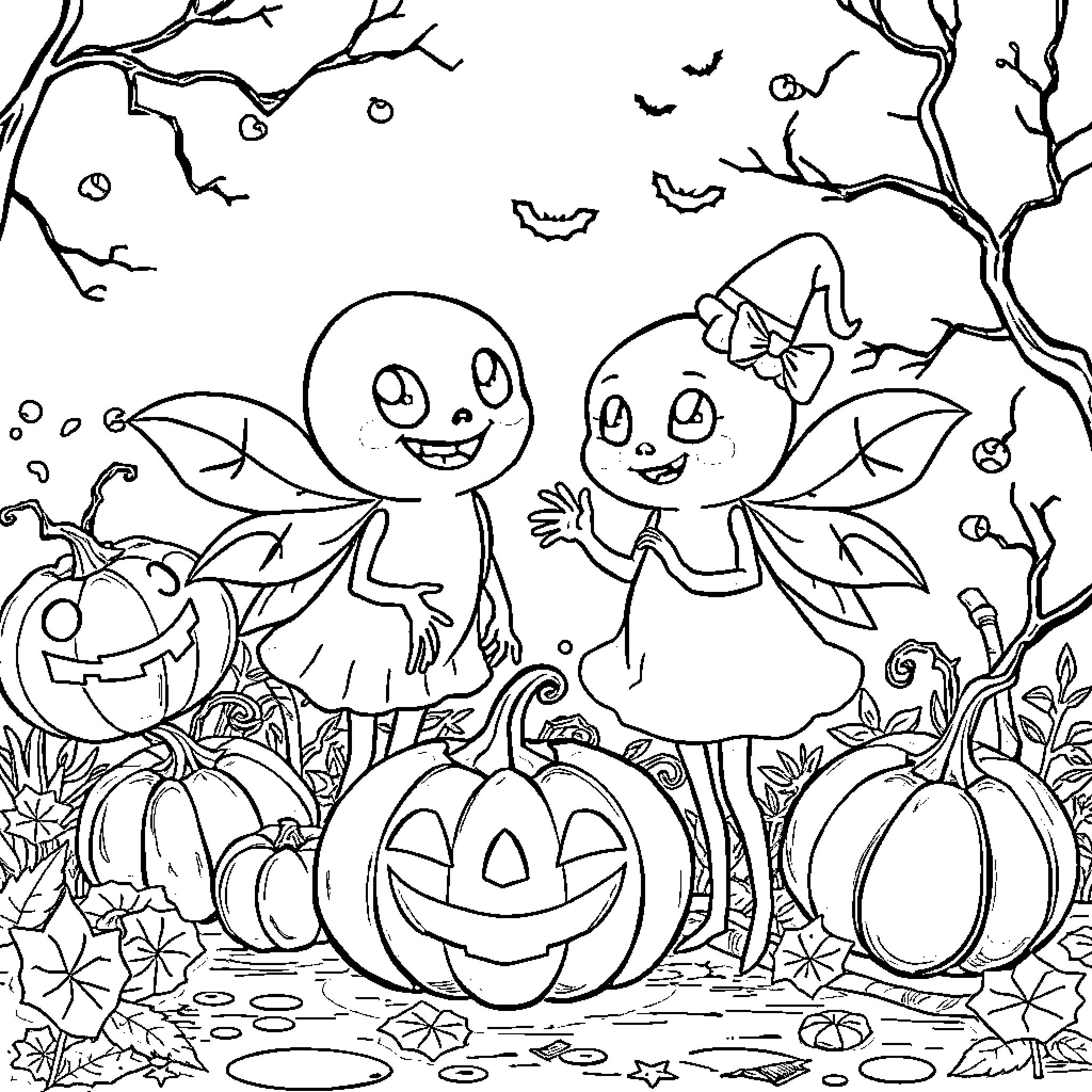 Bambina's Enchanting Halloween Adventure Coloring Page (free black-and-white line drawing printable PDF for all, from beginners to advanced learners, including children, teens, adults, and seniors)