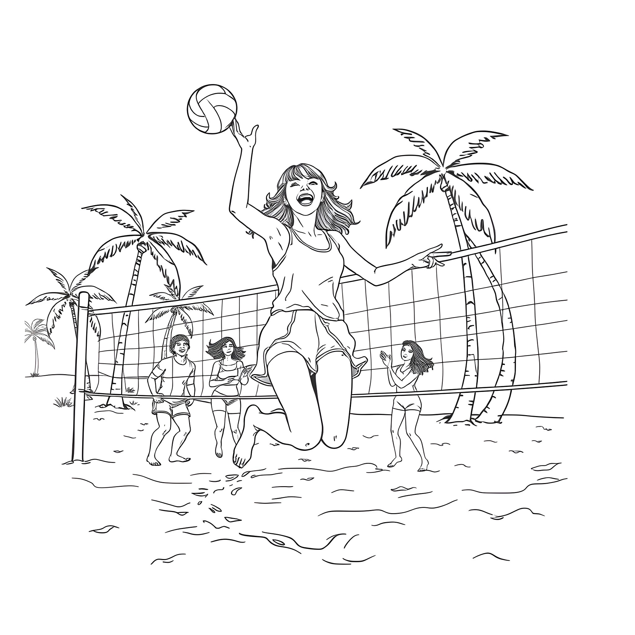 Taylor Swift playing volleyball on the beach Coloring Page (free black-and-white line drawing printable PDF for all, from beginners to advanced learners, including children, teens, adults, and seniors)