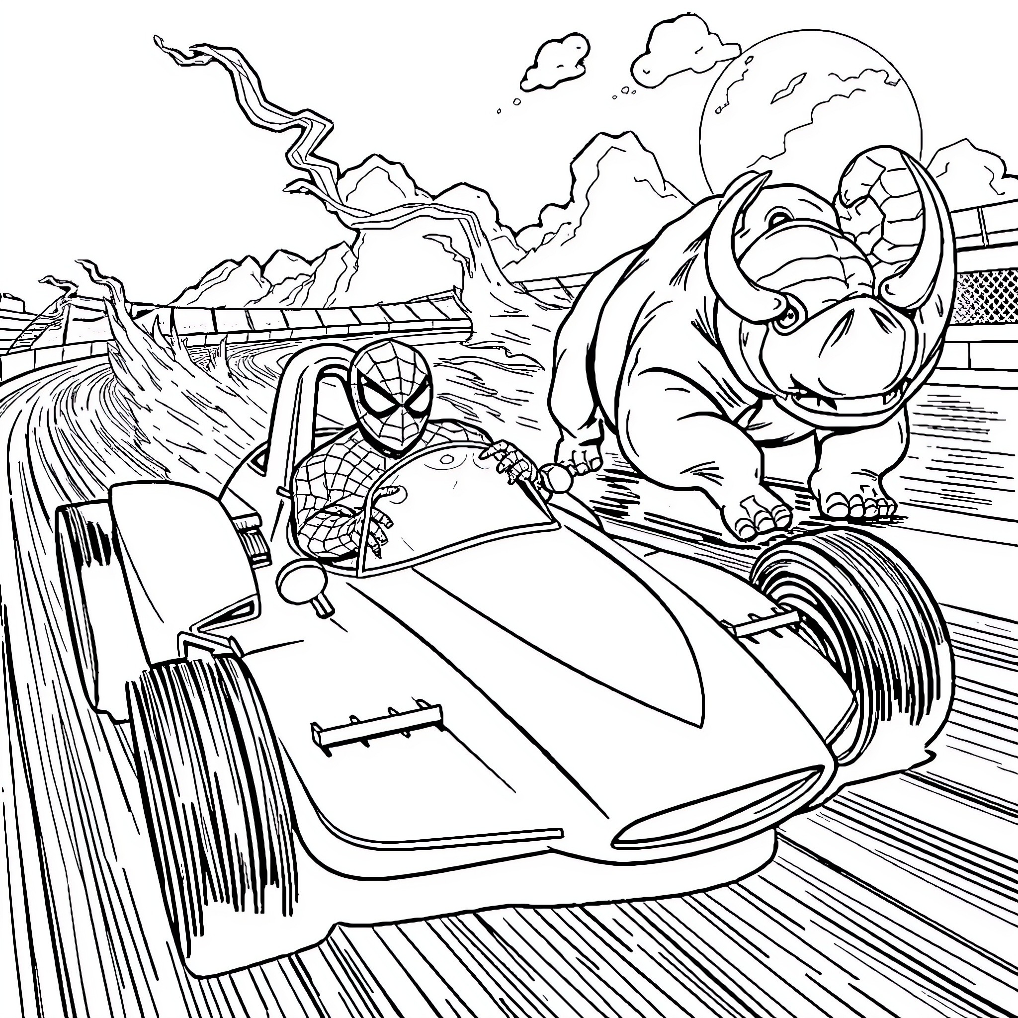 Spiderman racing in a futuristic vehicle Coloring Page (free black-and-white line drawing printable PDF for all, from beginners to advanced learners, including children, teens, adults, and seniors)