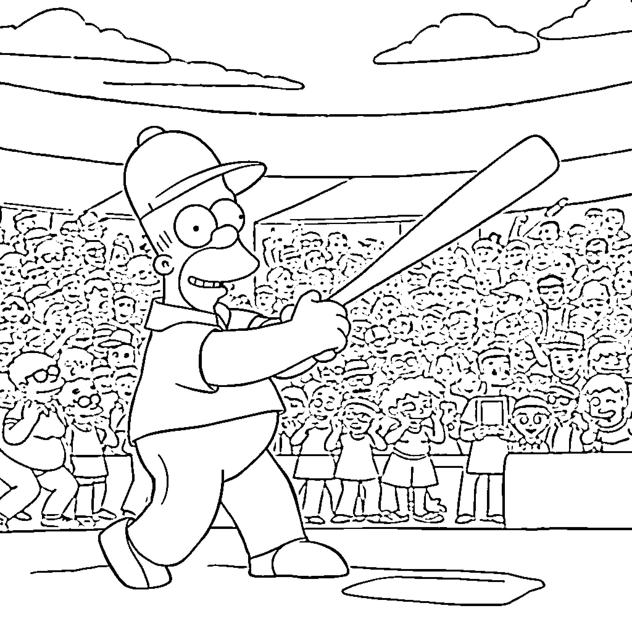 Homer Simpson playing baseball in a crowded stadium Coloring Page (free black-and-white line drawing printable PDF for all, from beginners to advanced learners, including children, teens, adults, and seniors)