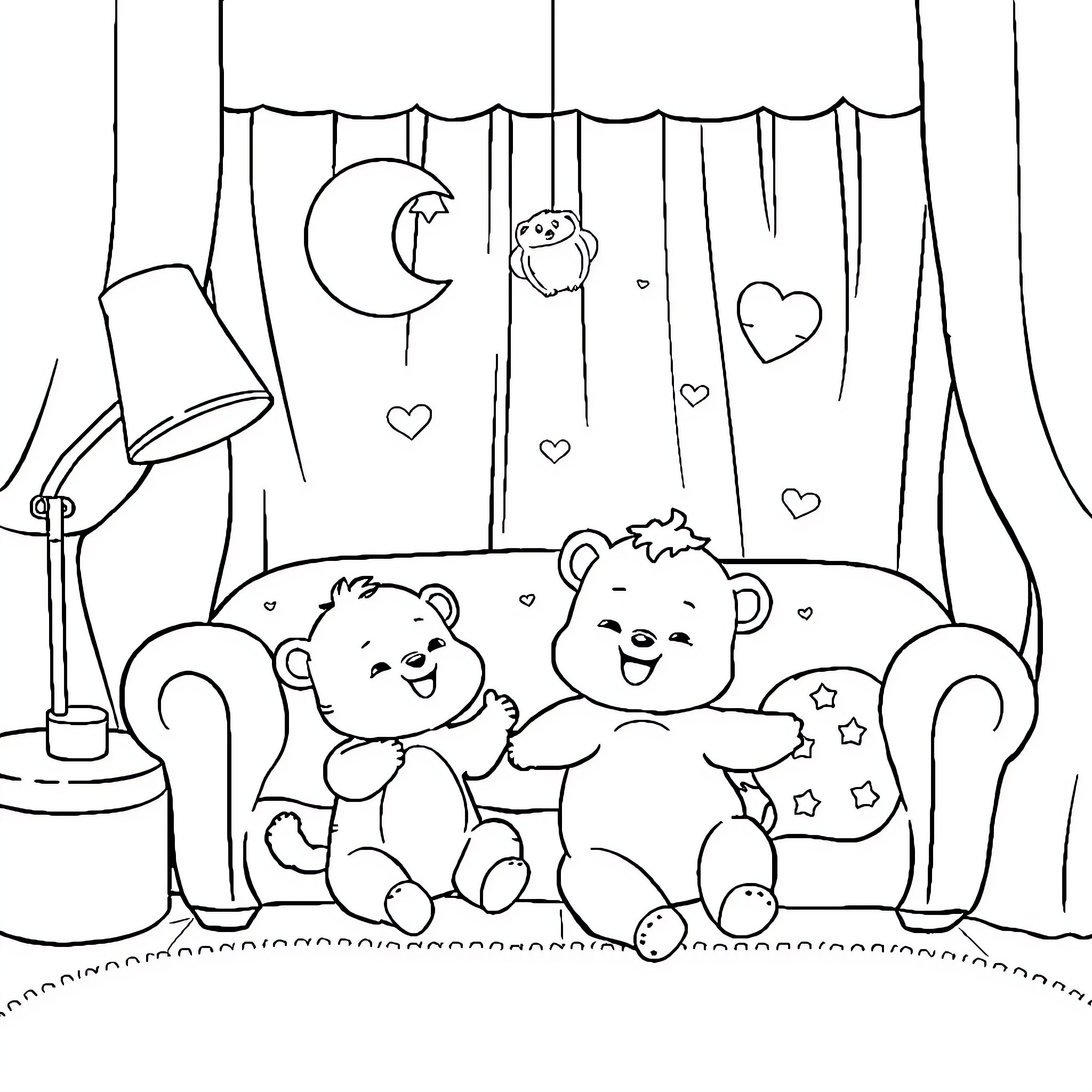 Baby Animals Happily Playing at Night Coloring Page (free black-and-white line drawing printable PDF for all, from beginners to advanced learners, including children, teens, adults, and seniors)