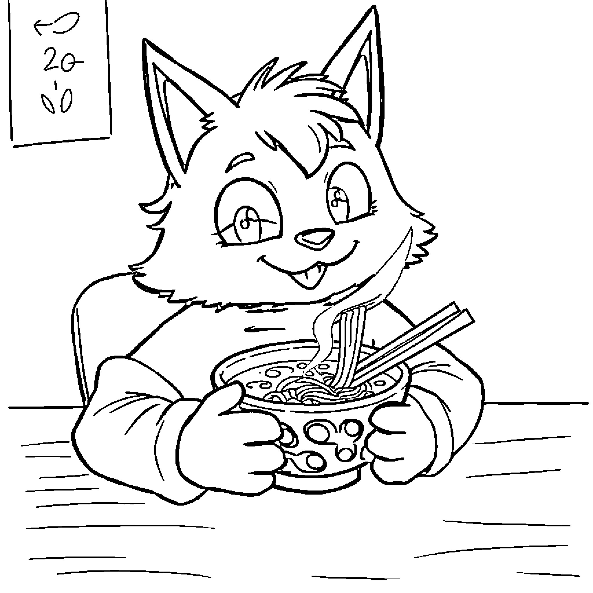 Huntrix Enjoys a Tasty Meal Coloring Page (free black-and-white line drawing printable PDF for all, from beginners to advanced learners, including children, teens, adults, and seniors)