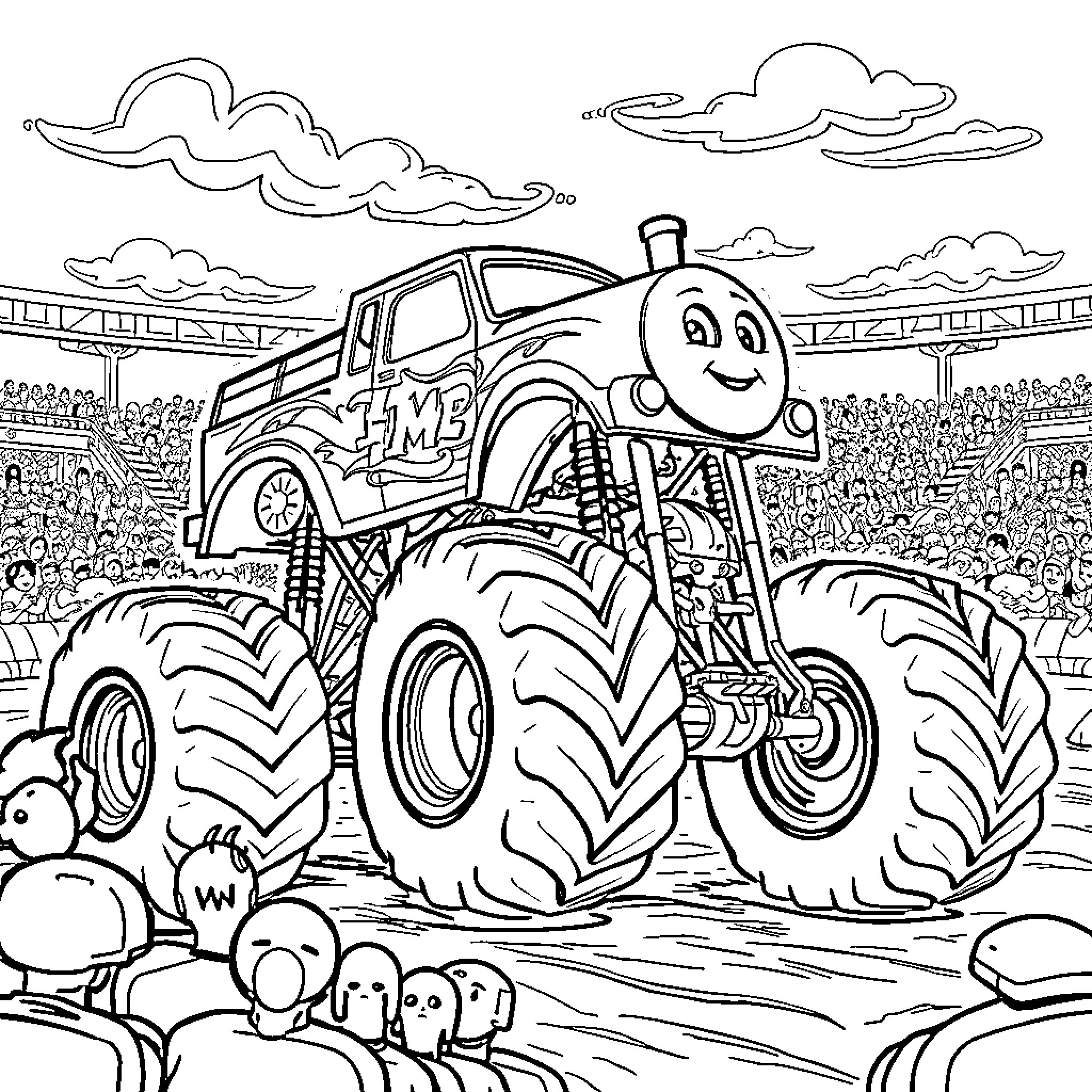 Monster Truck Performing Stunts in Arena Coloring Page (free black-and-white line drawing printable PDF for all, from beginners to advanced learners, including children, teens, adults, and seniors)