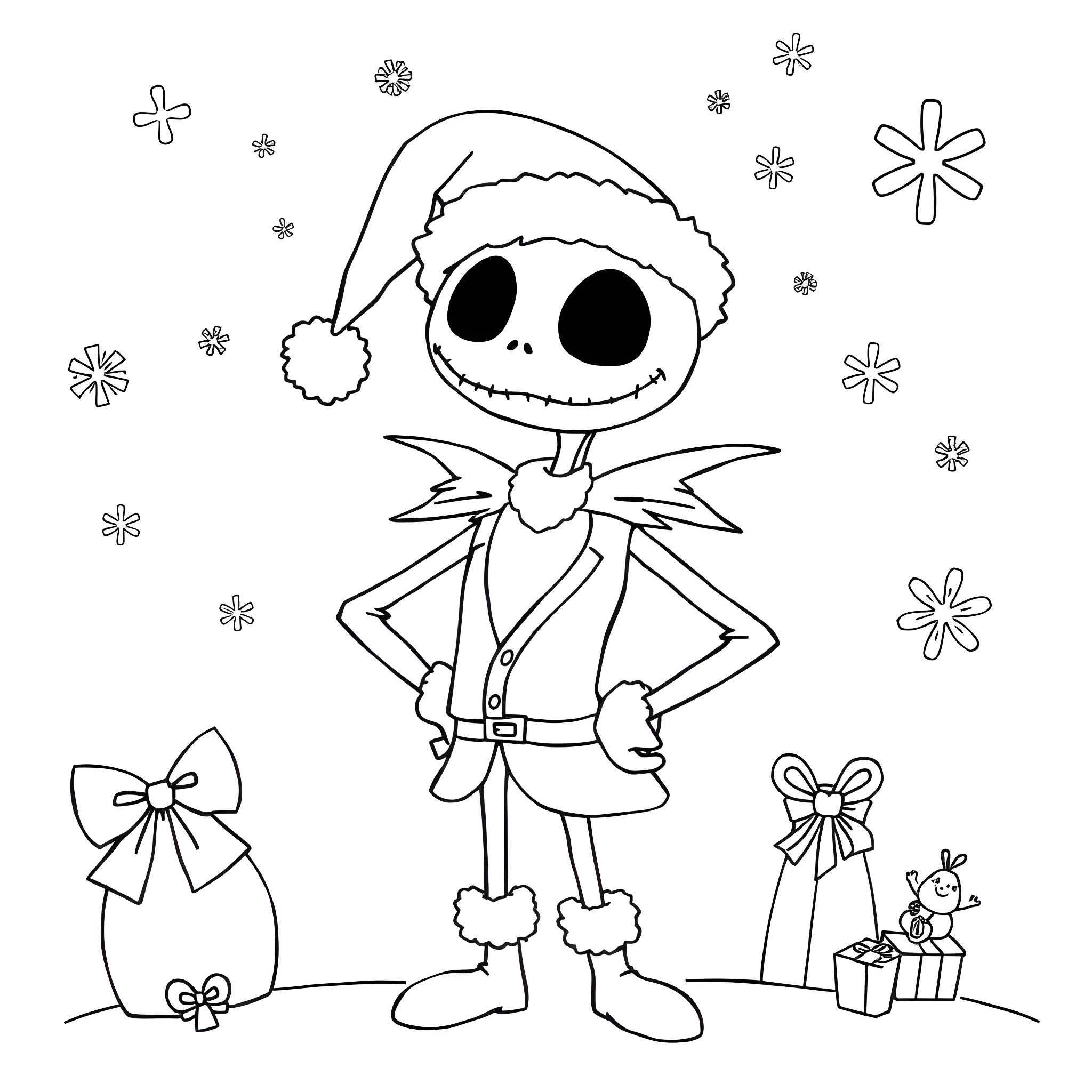 Jack Skellington dressed in Christmas outfit with snowflakes Coloring Page (free black-and-white line drawing printable PDF for all, from beginners to advanced learners, including children, teens, adults, and seniors)