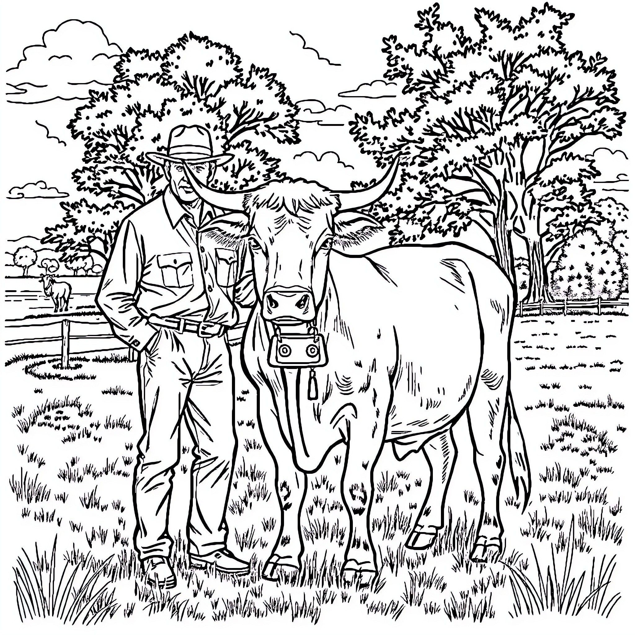 Hereford Rancher and Cow in Grassy Field Coloring Page (free black-and-white line drawing printable PDF for all, from beginners to advanced learners, including children, teens, adults, and seniors)