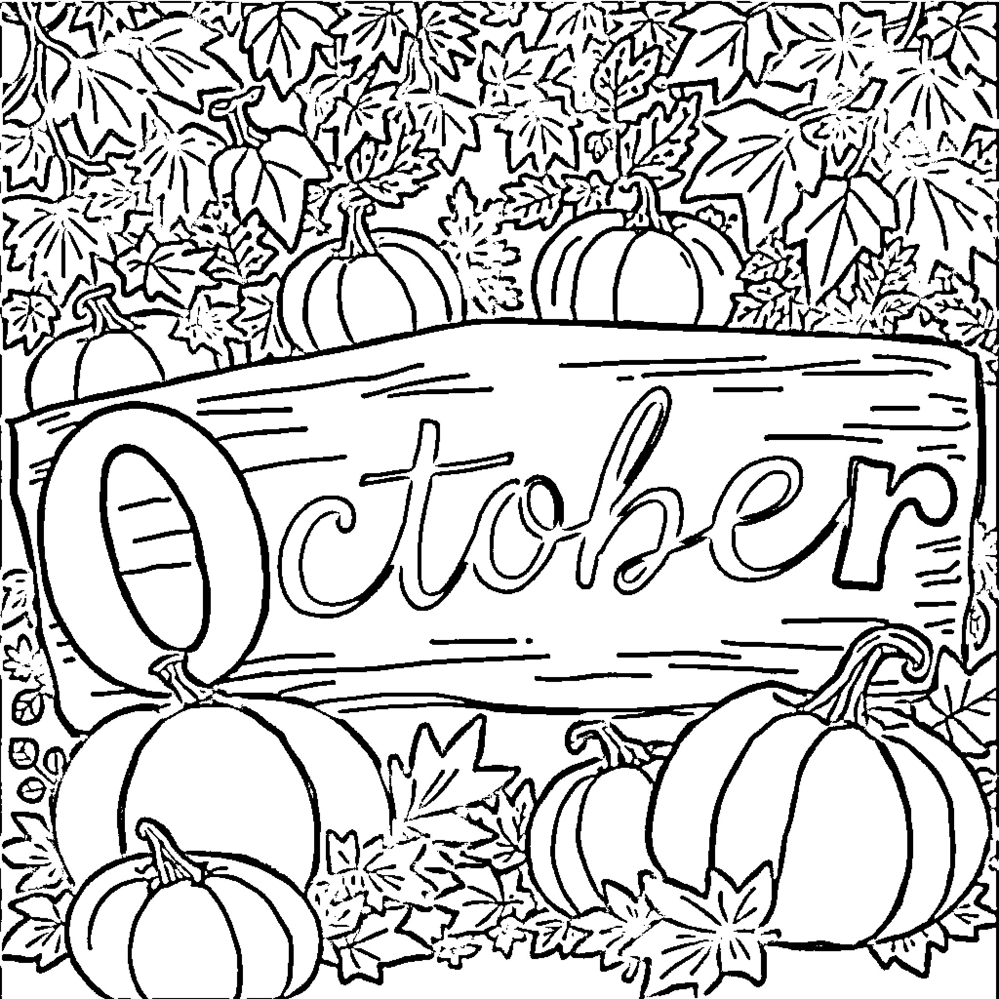 Pumpkins and autumn leaves in October Coloring Page (free black-and-white line drawing printable PDF for all, from beginners to advanced learners, including children, teens, adults, and seniors)