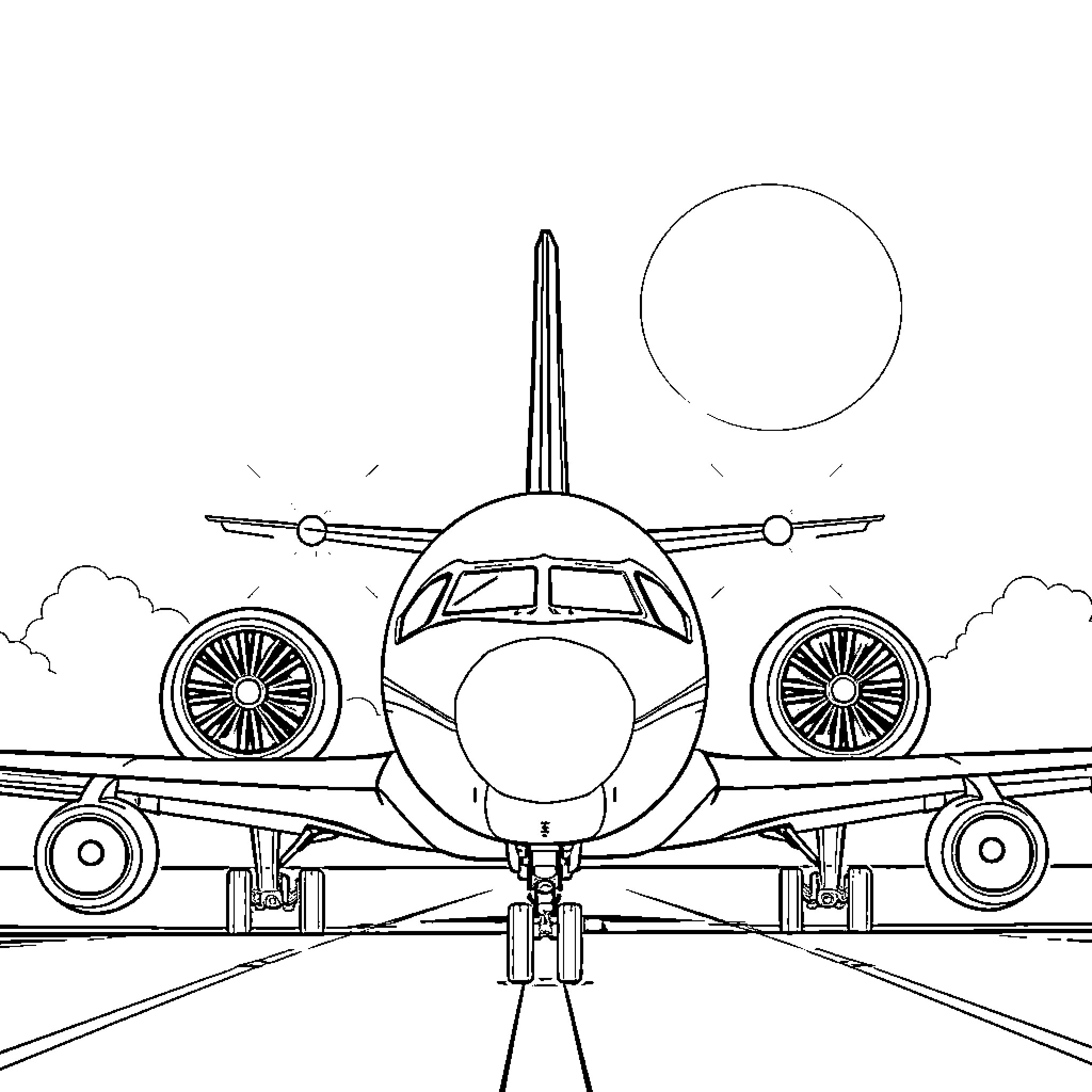 Avión sobrevolando las nubes con la luna Coloring Page (free black-and-white line drawing printable PDF for all, from beginners to advanced learners, including children, teens, adults, and seniors)