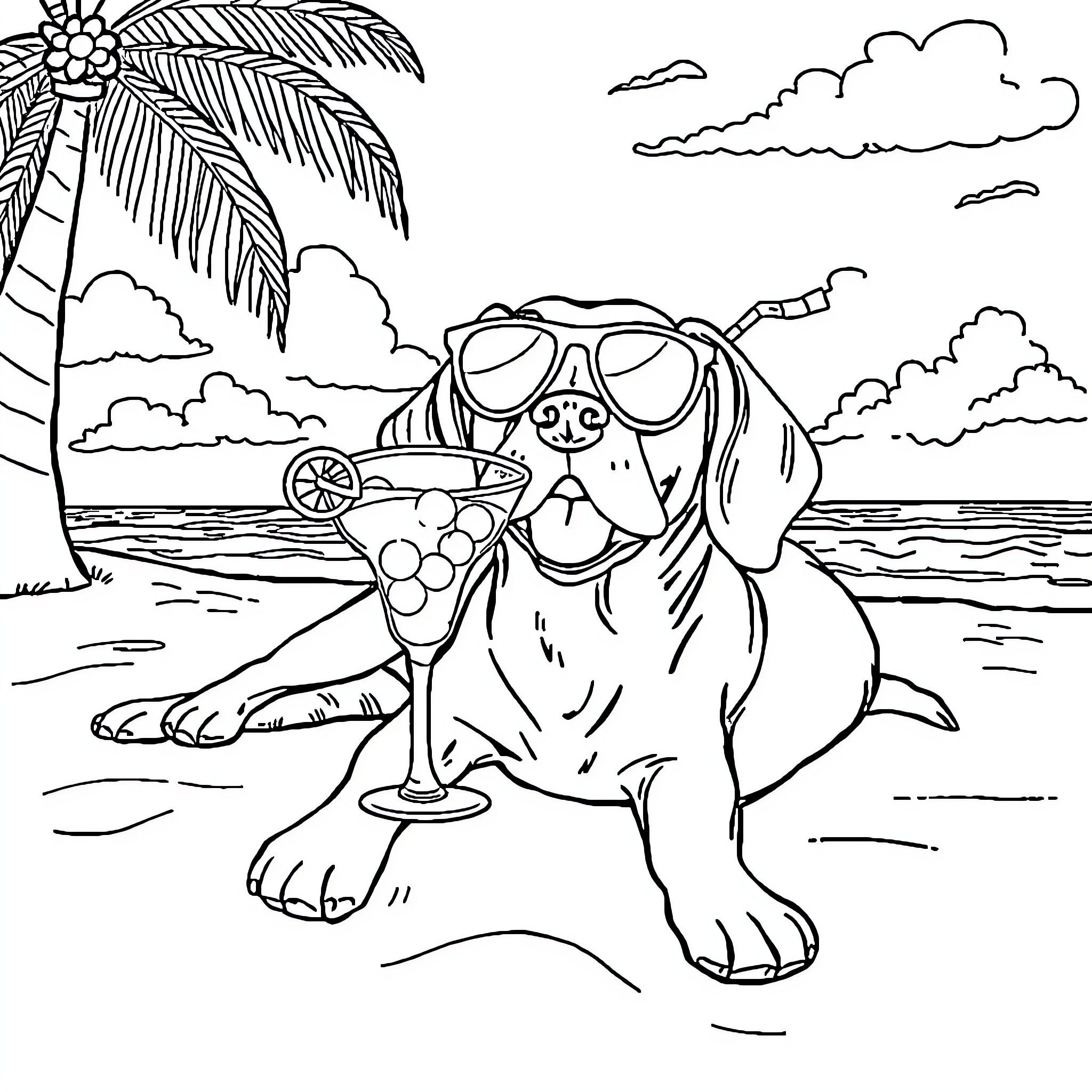 Beagle enjoying a tropical vacation by the beach Coloring Page (free black-and-white line drawing printable PDF for all, from beginners to advanced learners, including children, teens, adults, and seniors)