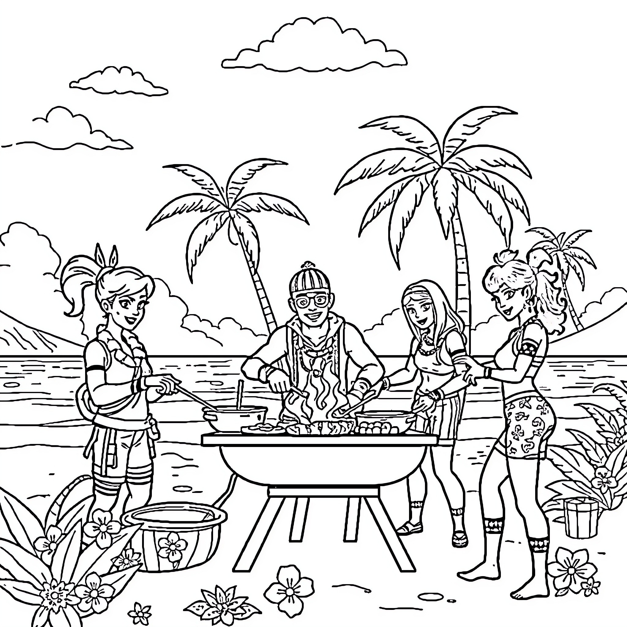 Fortnite Character Beach Party with Friends Coloring Page (free black-and-white line drawing printable PDF for all, from beginners to advanced learners, including children, teens, adults, and seniors)