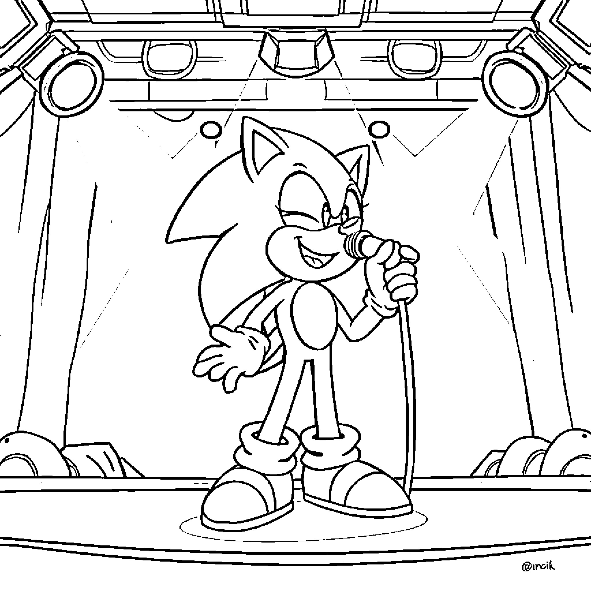 Sonic the Hedgehog posing on stage Coloring Page (free black-and-white line drawing printable PDF for all, from beginners to advanced learners, including children, teens, adults, and seniors)