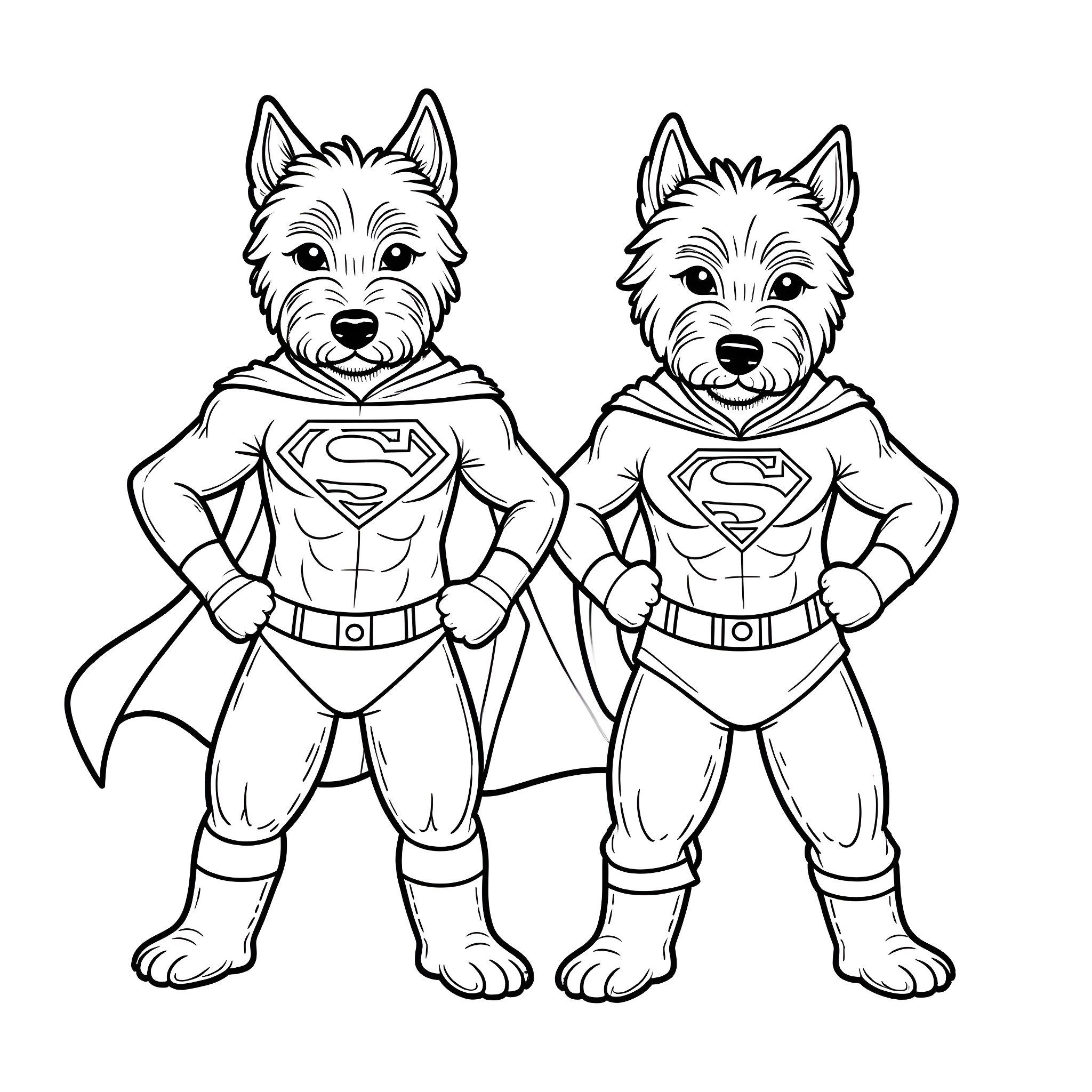 West Highland Terrier superheroes in action poses Coloring Page (free black-and-white line drawing printable PDF for all, from beginners to advanced learners, including children, teens, adults, and seniors)