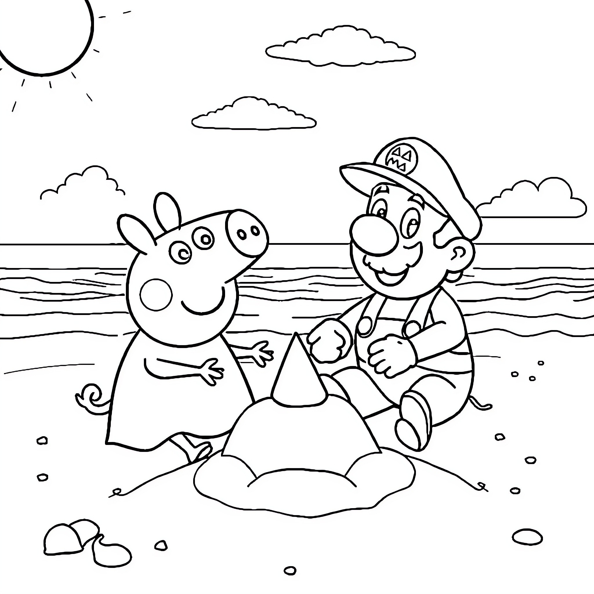 Peppa Pig and a firefighter playing on the beach Coloring Page (free black-and-white line drawing printable PDF for all, from beginners to advanced learners, including children, teens, adults, and seniors)