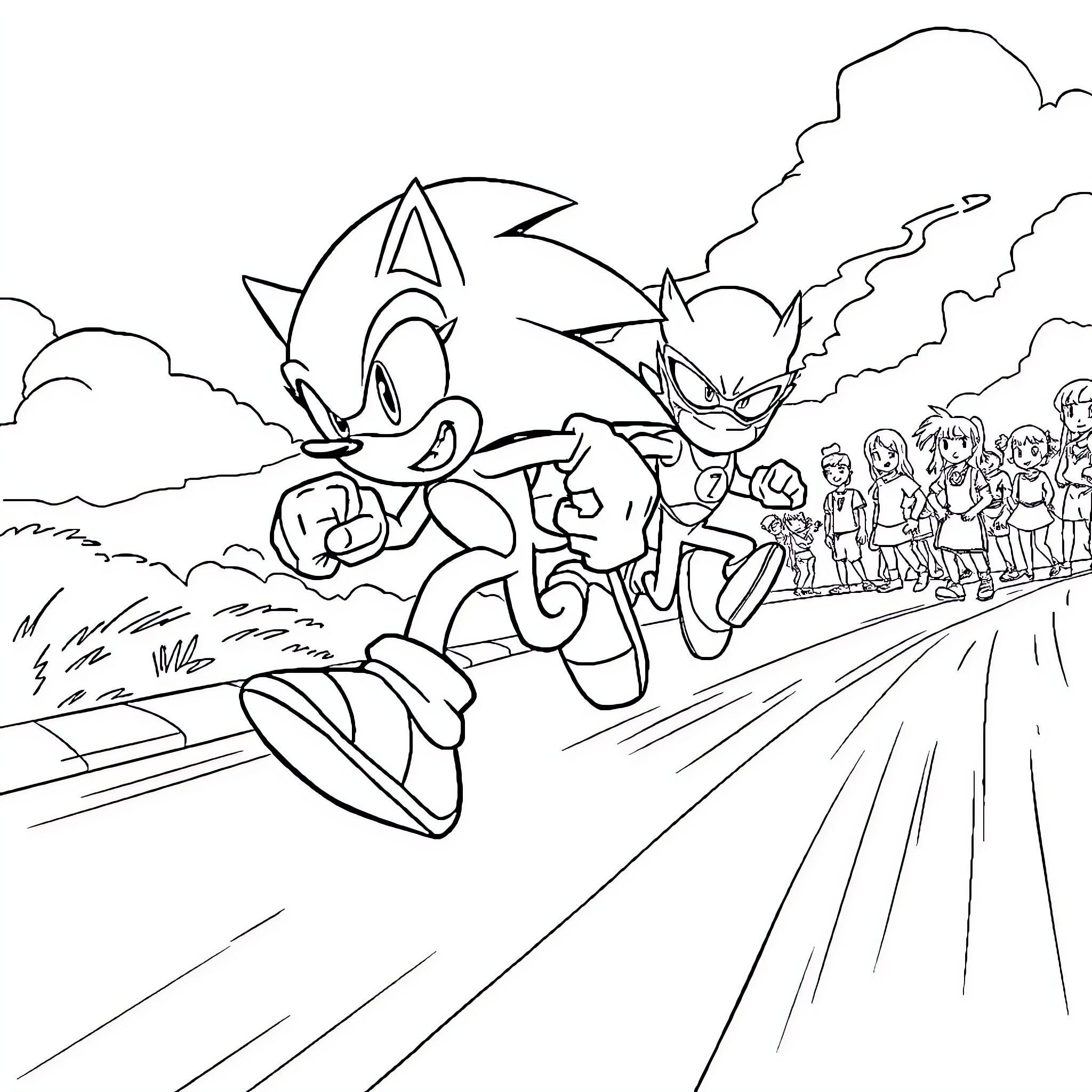 Sonic's High-Speed Adventure with Friends Coloring Page (free black-and-white line drawing printable PDF for all, from beginners to advanced learners, including children, teens, adults, and seniors)