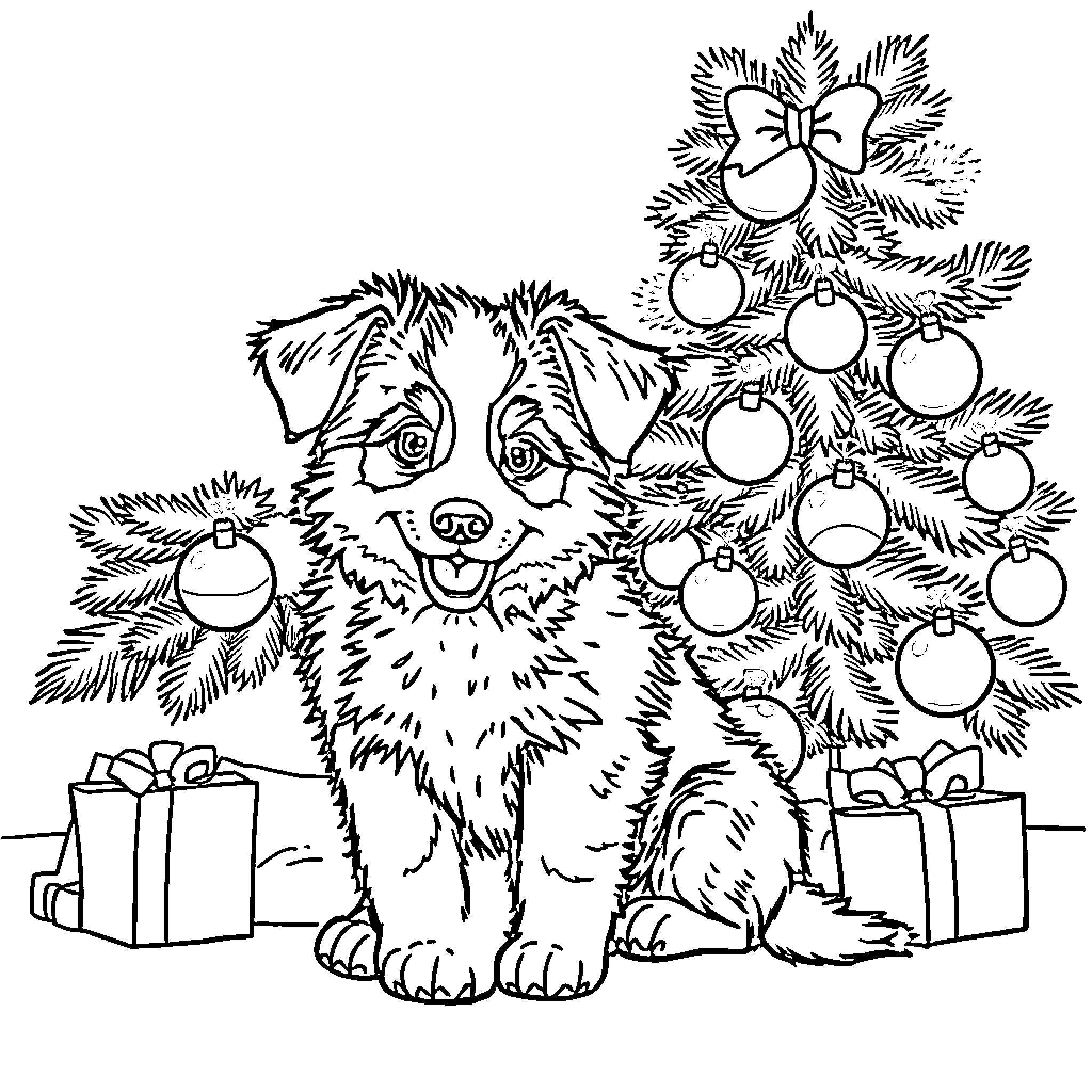American Shepherd Enjoying Christmas Tree and Gifts Coloring Page (free black-and-white line drawing printable PDF for all, from beginners to advanced learners, including children, teens, adults, and seniors)