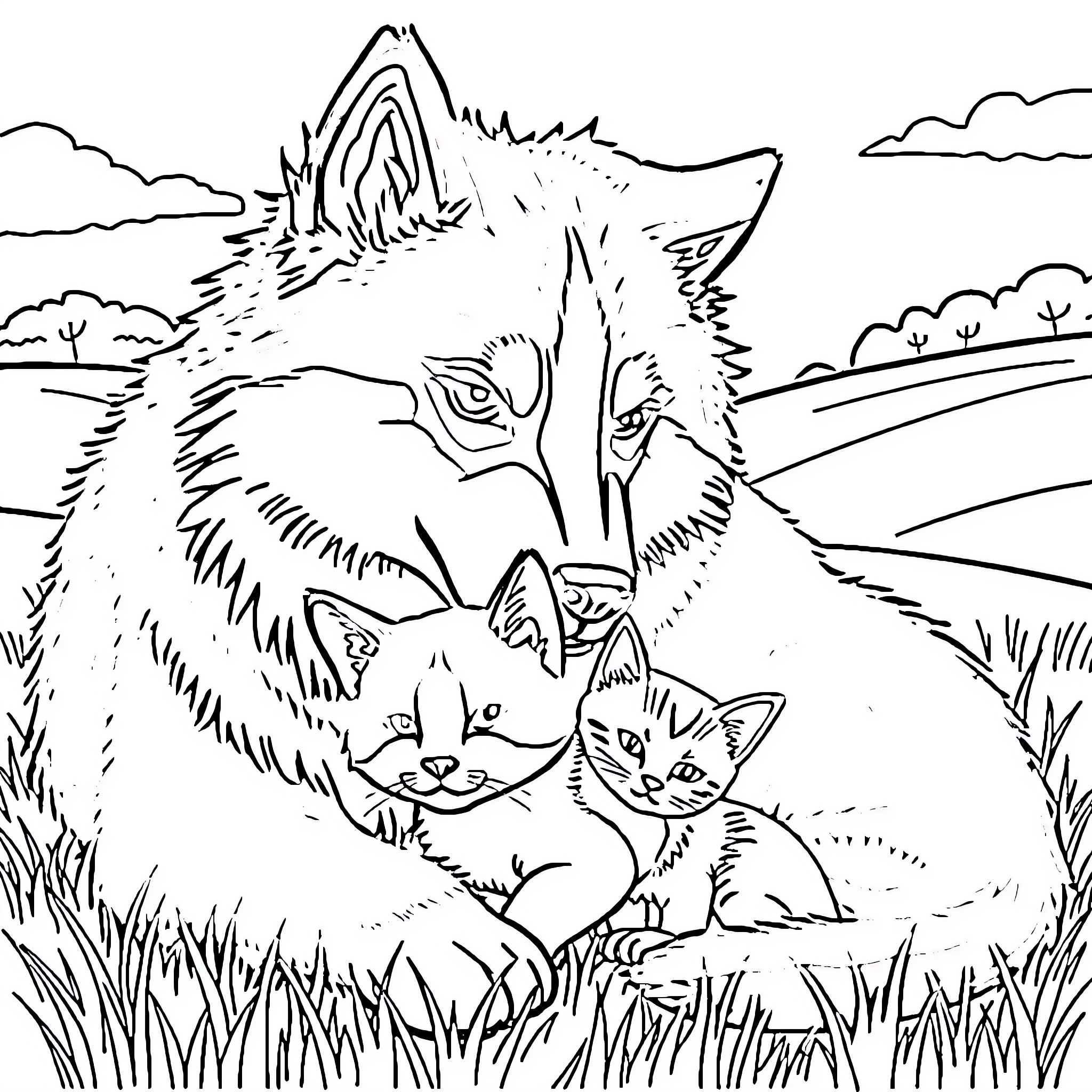 Husky guarding kittens in a meadow Coloring Page (free black-and-white line drawing printable PDF for all, from beginners to advanced learners, including children, teens, adults, and seniors)