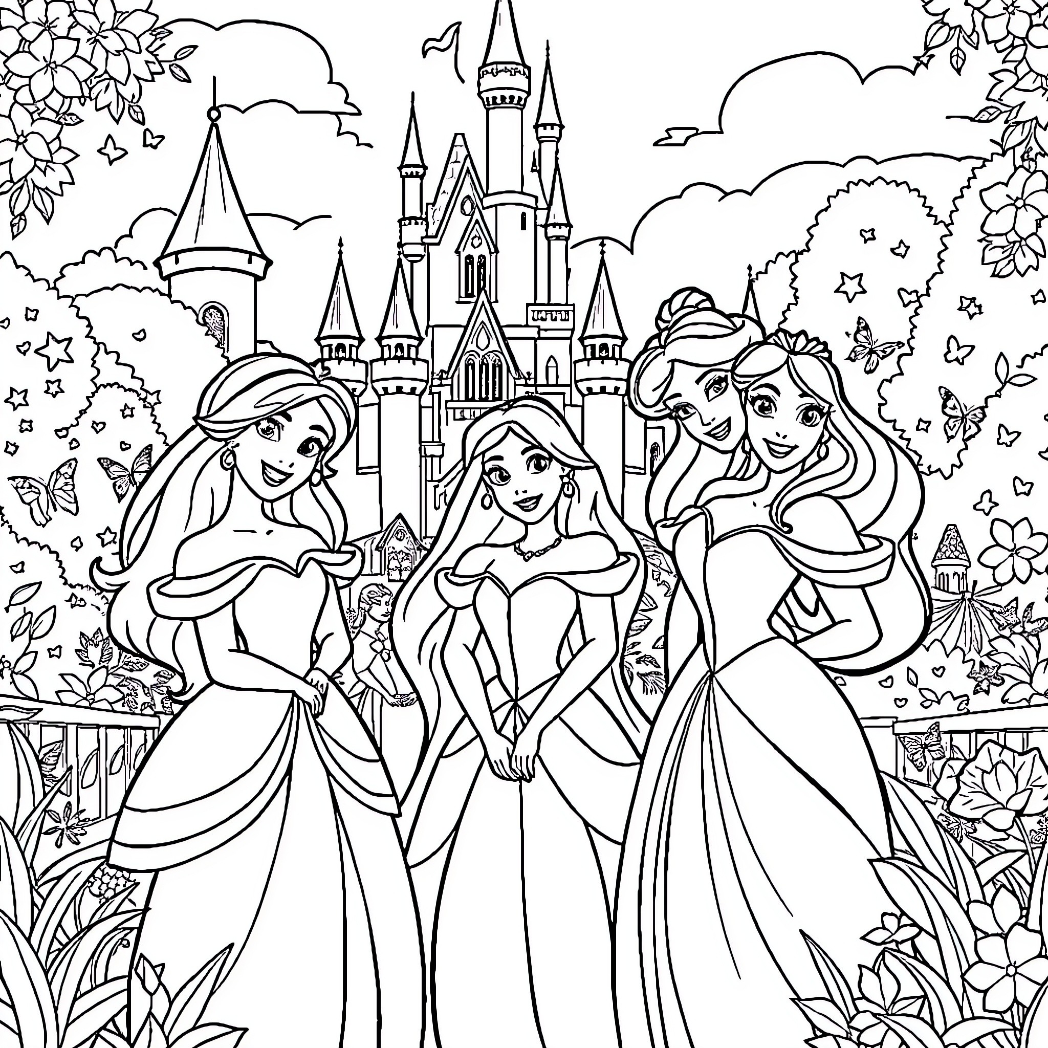 Princess friends enjoy a magical castle scene Coloring Page (free black-and-white line drawing printable PDF for all, from beginners to advanced learners, including children, teens, adults, and seniors)
